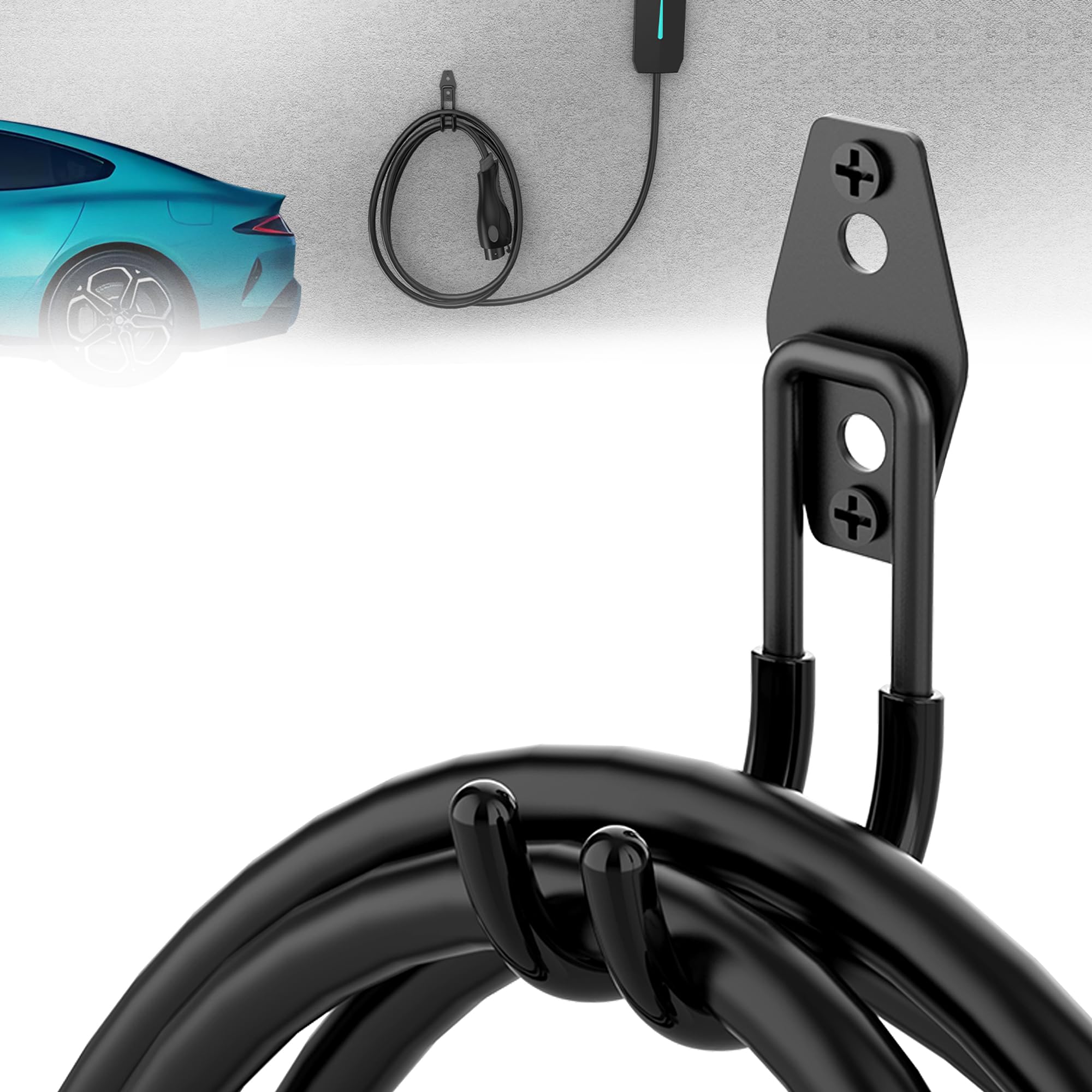 Heavy Duty Steel EV Charger Holder Wall Mount - J-Hook Electric Vehicle Charger Cord Organizer for Tesla, Nissan, Chevy - Indoor & Outdoor Use - Perfect for Garage, Driveway & Parking Lot Charging