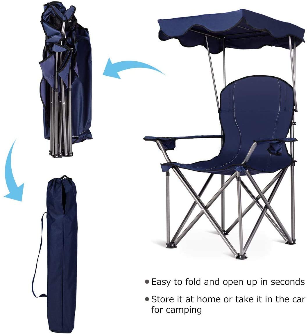 GYMAX Folding Camping Chair with Canopy - Heavy Duty Portable Outdoor Lawn Chair with Carry Bag & Cup Holder - Perfect for Camping, Beach, Picnic, Travel, and Outdoor Events