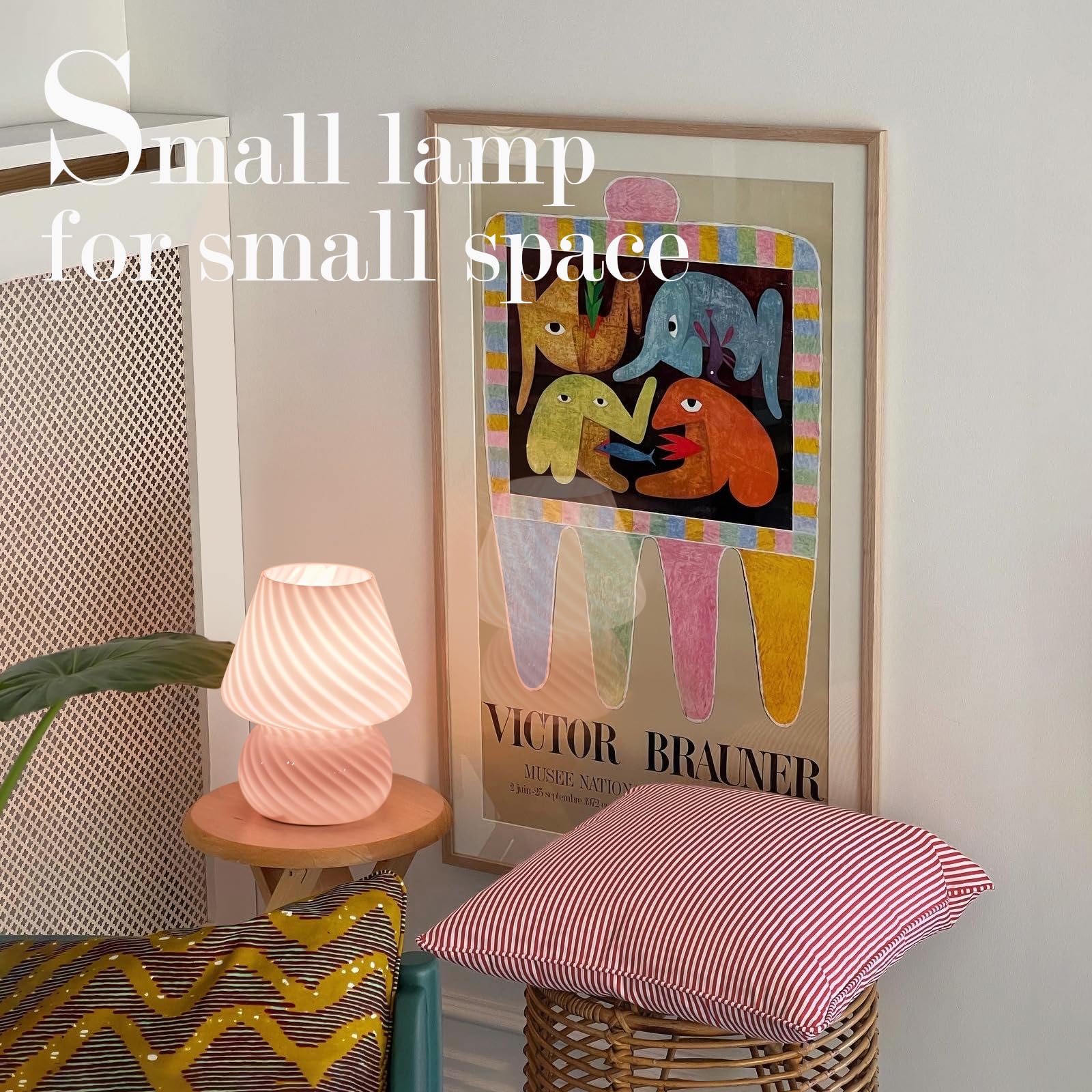 ONEWISH Mushroom Lamp - Small Striped Glass Bedside Table Lamp for Bedroom, Living Room, Cafe, Home Decor for Girls & Women, Pink - Perfect for Nightstands, Dorm Rooms, and Cozy Corners