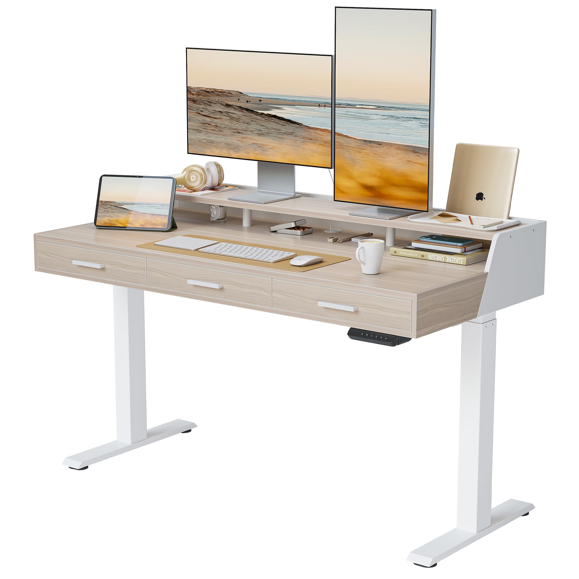 FEZIBO 55x26 Inch Electric Standing Desk with Drawers - Adjustable Height Sit Stand Desk with Monitor Shelf, Light Walnut Home Office Desk for Work from Home & Gaming Setup