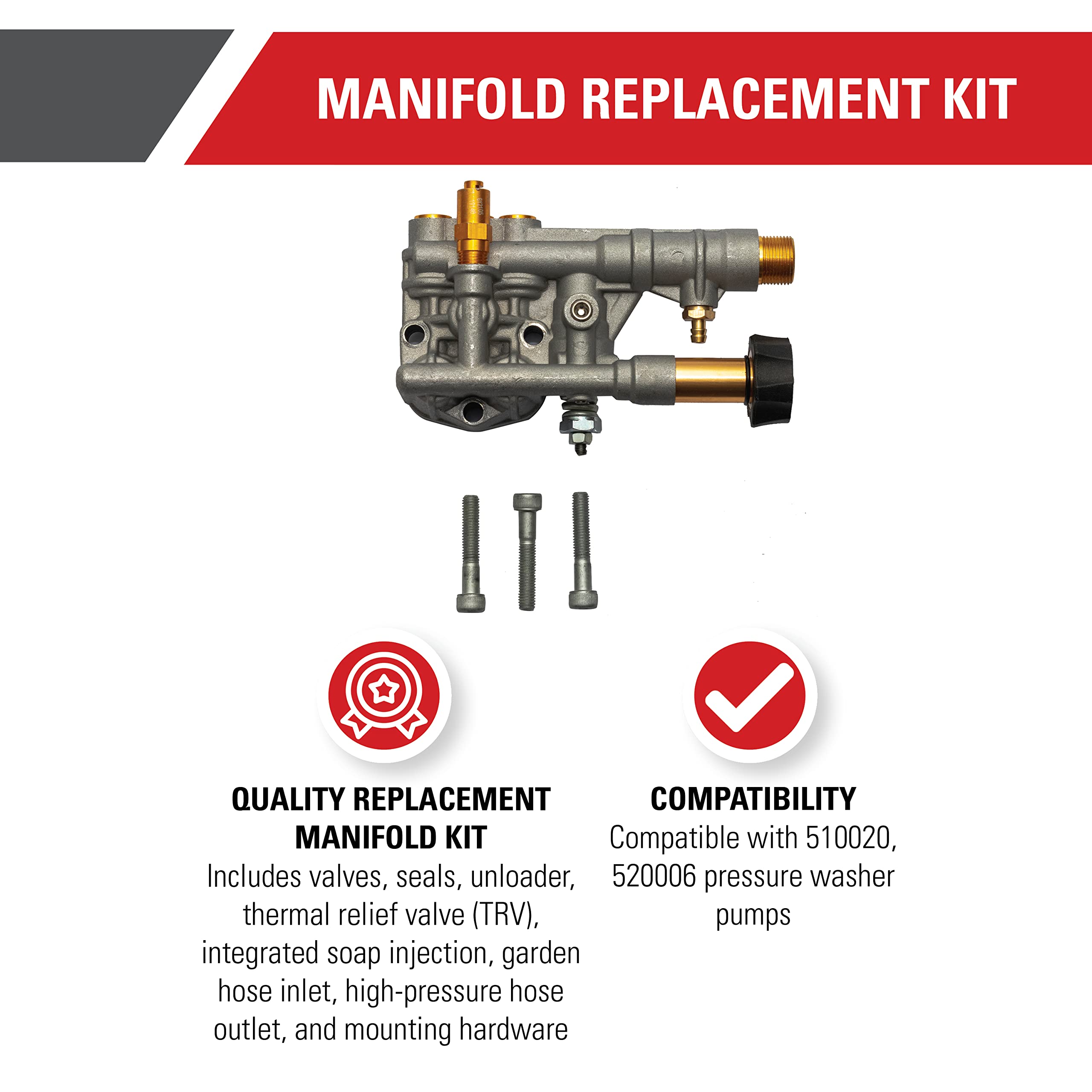 Simpson Cleaning 7108366 Manifold Replacement Kit for OEM Technologies 510020 & 520006 Axial Cam Pressure Washer Pumps - Compatible with Simpson, Generac, and Other Major Brands - Perfect for Home Cleaning, Car Washing, and Outdoor Maintenance