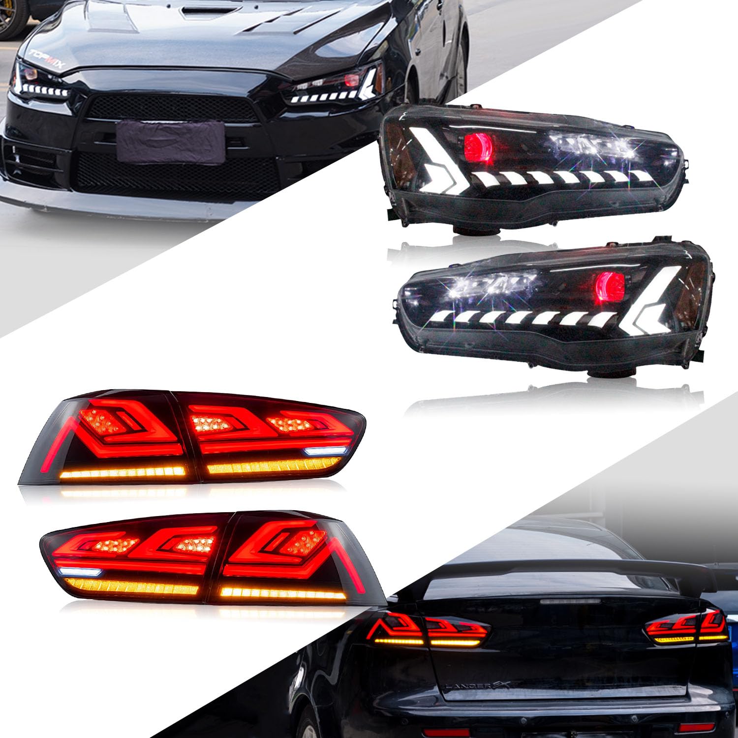 HCMOTIONZ HCmotion LED Headlights & Tail Lights for Mitsubishi Lancer EVO X 2008-2020 - Clear/Amber Demon Eye with Smoke Lens, DRL Startup Animation & Sequential Turn Signals - Upgrade for Night Driving & Car Shows