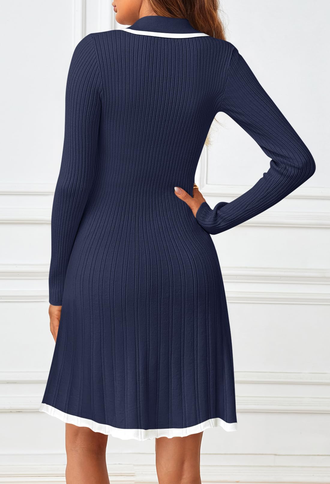 MEROKEETY Women's Long Sleeve V Neck Sweater Dress - 2025 Spring Button Down Knit Pleated Mini Dress for Work, Date Night & Office Wear