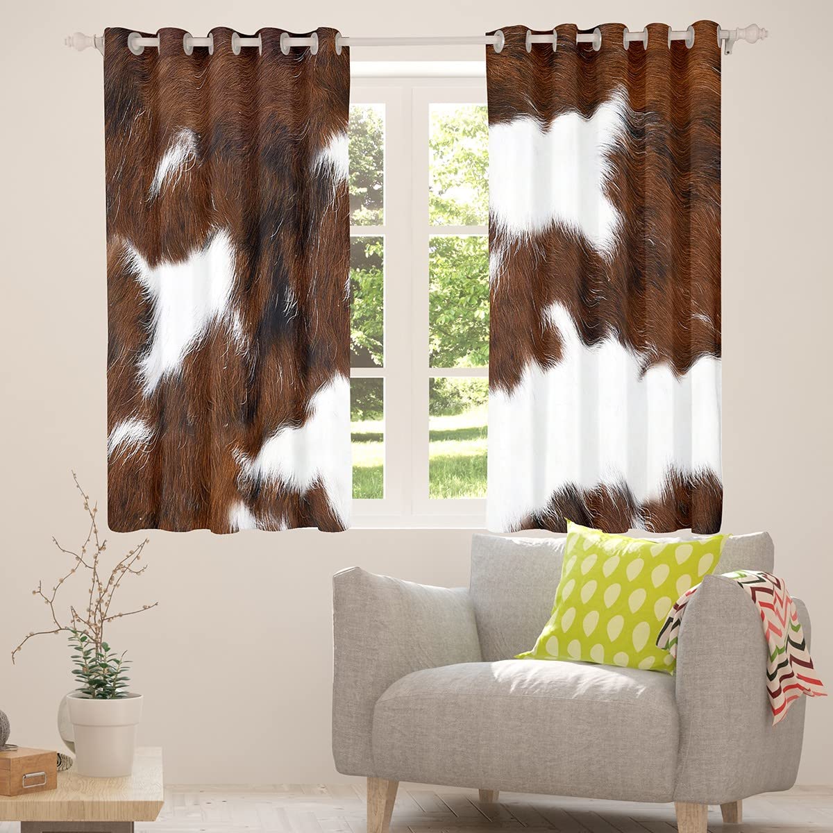 Brown Cowhide Print Window Curtains 42x84 Inches - Fashionable Abstract Animal Theme Drapes for Farmhouse & Bedroom Decor | Perfect for Living Room, Dining Area & Rustic Home Styling