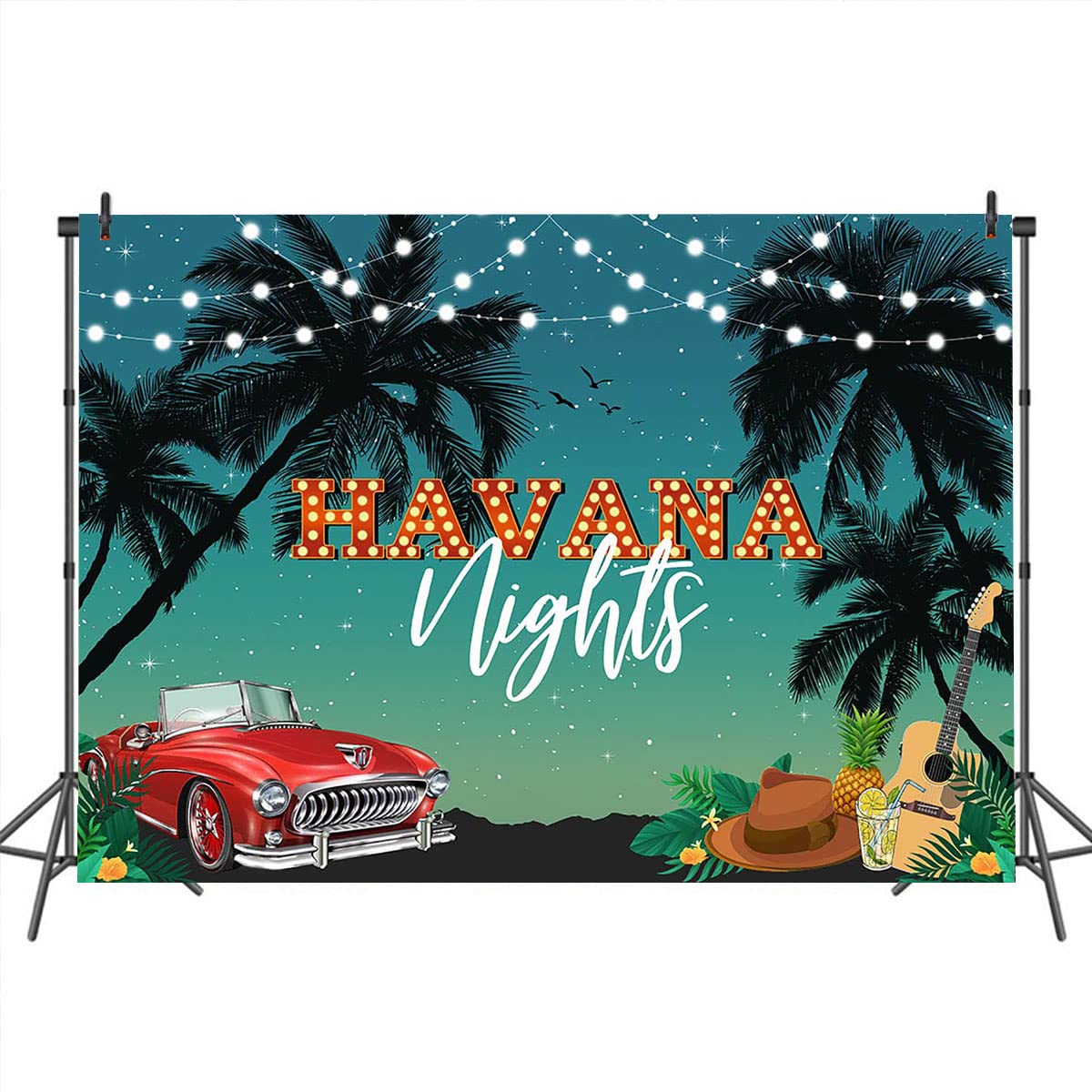 Havana Nights Backdrop - 7x5ft Tropical Palm Tree Sunset Photography Background for Summer Hawaiian Beach Party, Cuban Theme Decor, Cake Table & Photo Props | Perfect for Weddings, Birthdays & Events