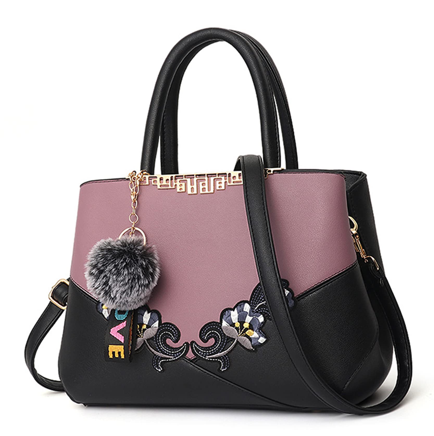 Stylish Women's PU Leather Embroidery Purses & Handbags - Top Handle Satchel, Shoulder Tote & Messenger Bag with Pompom Decor | Perfect for Work, Travel & Daily Fashion Accessories