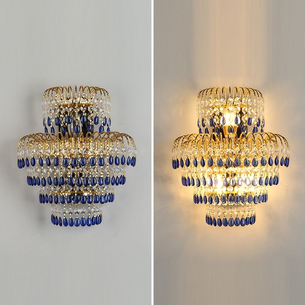 Elegant Blue Crystal Gold Leaf Wall Sconce - European Style Bedside & Living Room Wall Lighting Fixture for Palace-Inspired Home Decor | Perfect for Bedroom, Hallway & Luxury Interior Design