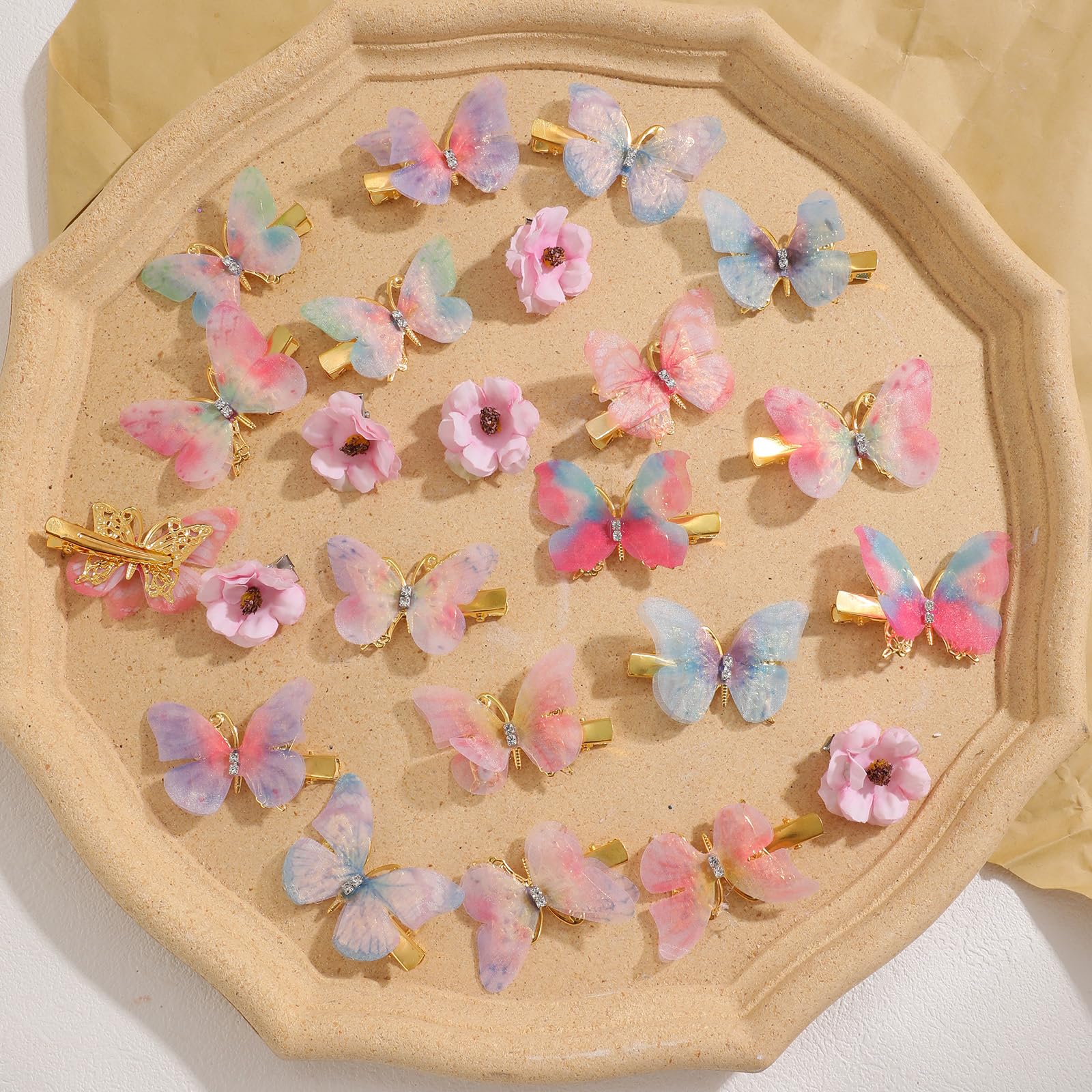 24Pcs Glitter Butterfly & Flower Hair Clips for Girls - Realistic Handmade 90s Hair Accessories (Pink) | Perfect for School, Parties, and Everyday Styling