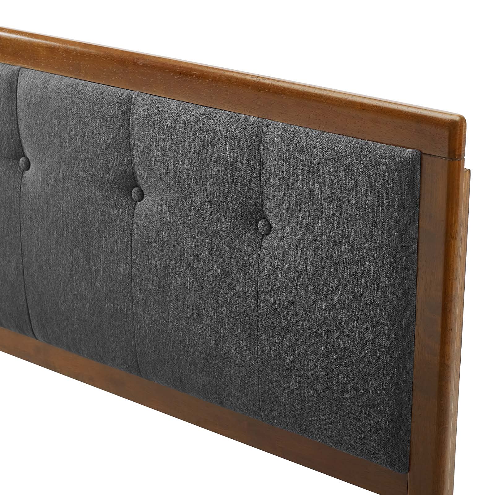 Full Size Tufted Headboard - Brown Walnut & Grey Fabric Upholstered Wooden Bed Frame - Modern Contemporary Bedroom Decor for Master & Guest Rooms
