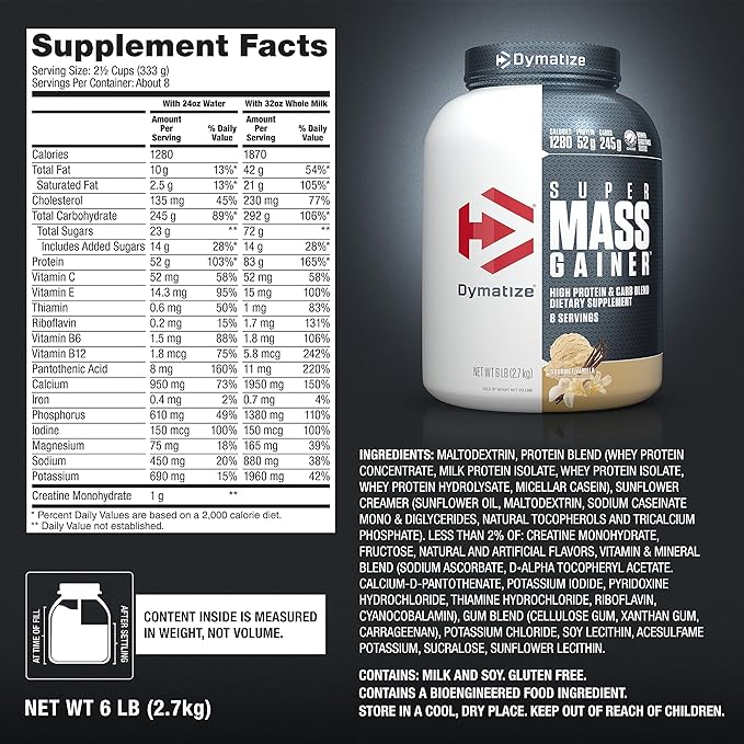Dymatize Super Mass Gainer Protein Powder - High Calorie Weight Gain Supplement for Bodybuilding & Muscle Growth | Perfect for Post-Workout Recovery & Bulking Season