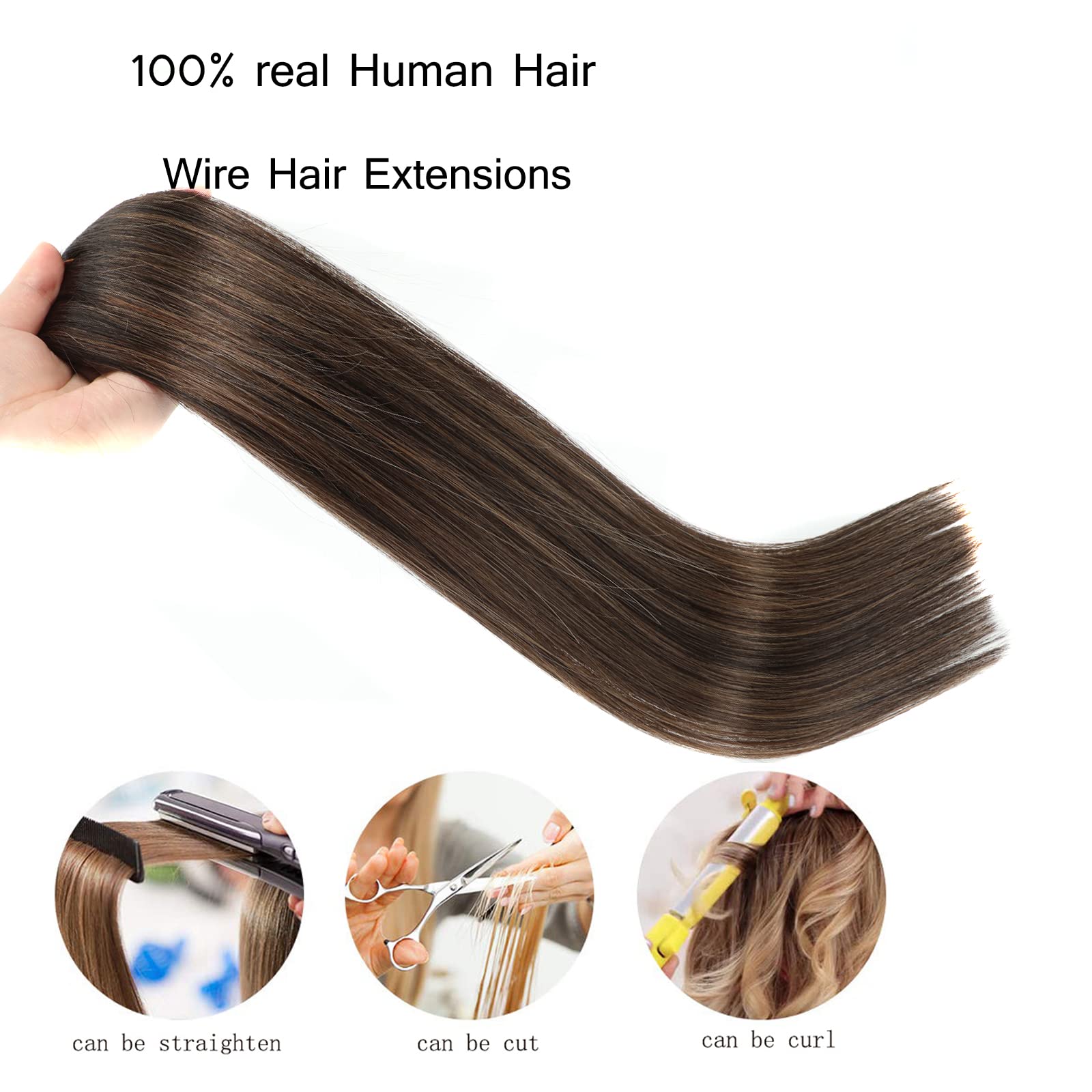 Ugrace 20 Inch Real Human Hair Extensions - Balayage Natural Black & Chestnut Brown Clip-Ins (100g) with Invisible Fish Wire for Seamless Blending | Perfect for Daily Wear, Parties & Special Occasions