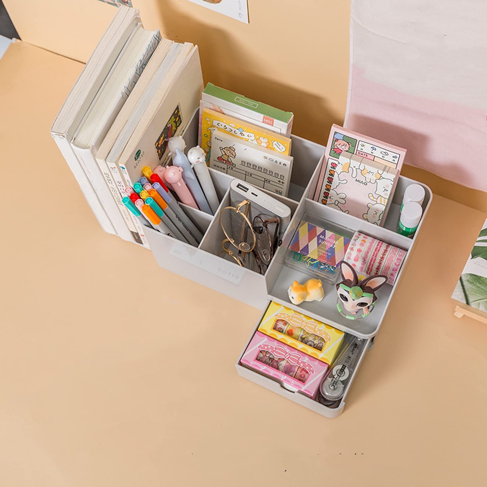 Large Capacity Desk Organizer with Drawer - Bookends, Stationery Supplies & Bookshelf Accessories - Plastic Pen Holder & Makeup Storage Caddy (Grey) - Perfect for Office, Study & Home Organization