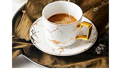 Premium Italian Marble Gold Trim Coffee Cup and Saucer Set - Elegant Ceramic Tea Cup for Afternoon Tea, Espresso & Cappuccino - 1 Cup & 1 Saucer (Milky White) - Perfect for Home, Cafe, and Gift Giving