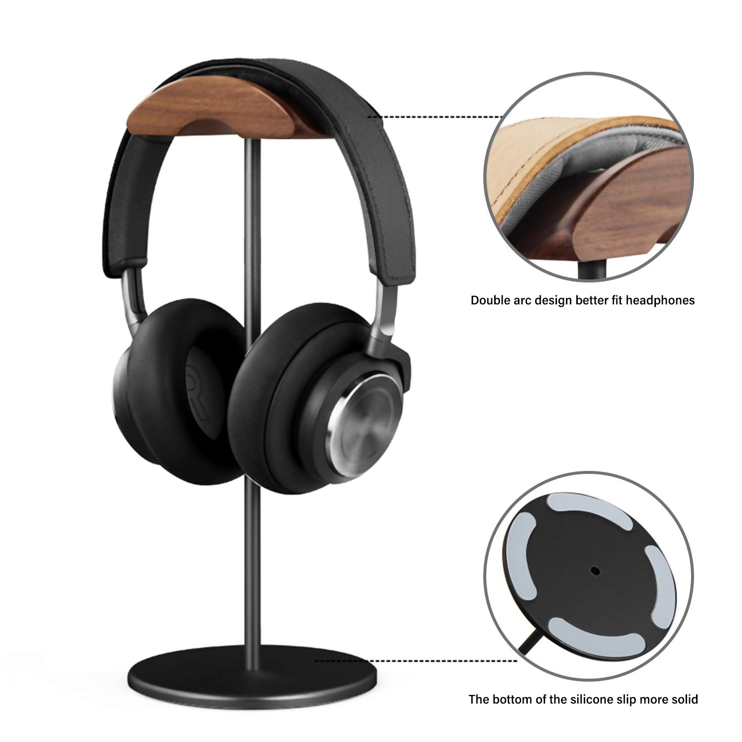 Premium Walnut Wood & Aluminum Headphone Stand with Heavy Base - Universal Gaming Headset Holder for All Sizes (Black) - Perfect for Desk Organization & Gaming Setup Accessories