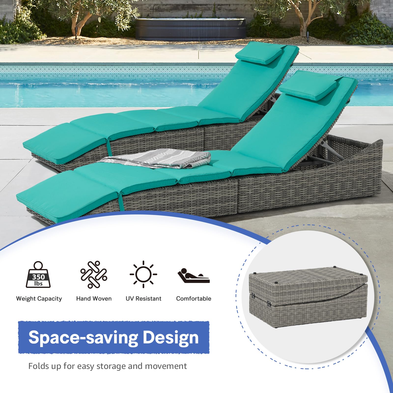 Premium Adjustable Folding Chaise Lounge Chair with Removable Cushion - Patio PE Rattan Recliner for Pool, Beach & Backyard - Fully Assembled Outdoor Furniture (Turquoise) - Perfect for Sunbathing, Relaxing & Poolside Lounging
