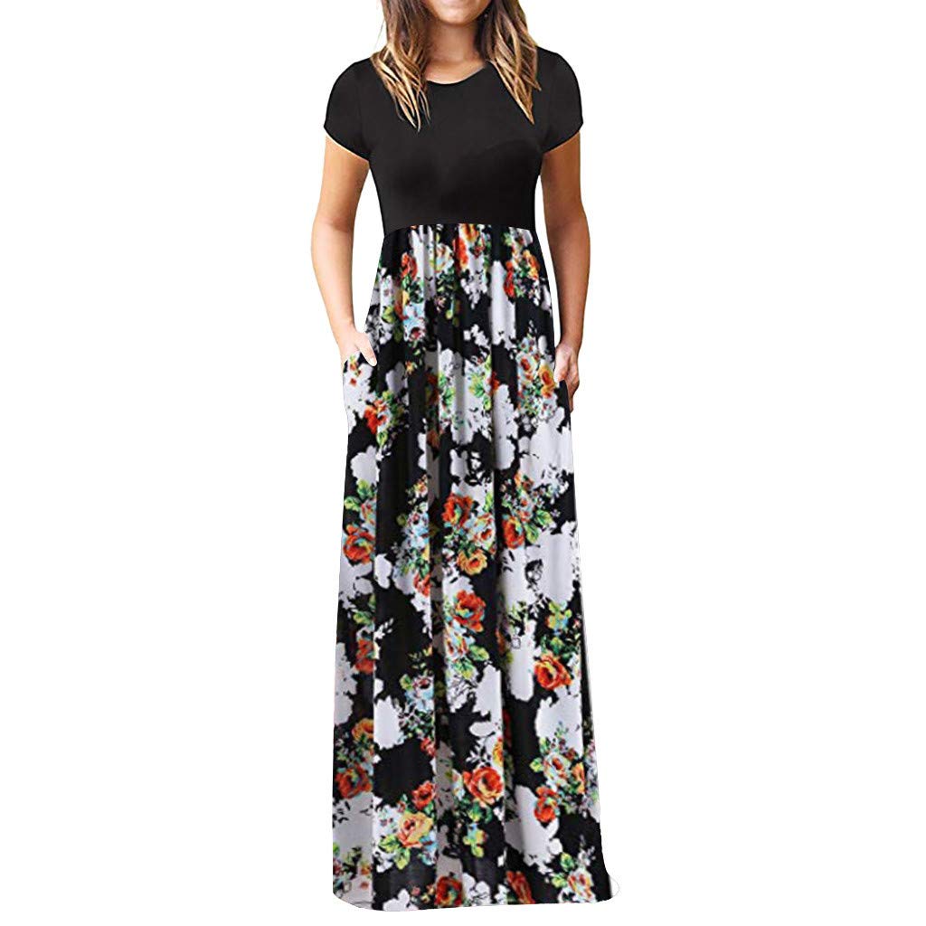 Melupa Women's Casual Short Sleeve Loose Maxi Dresses with Pockets - Flowy Summer Beach Dress for Vacation, Party & Everyday Wear