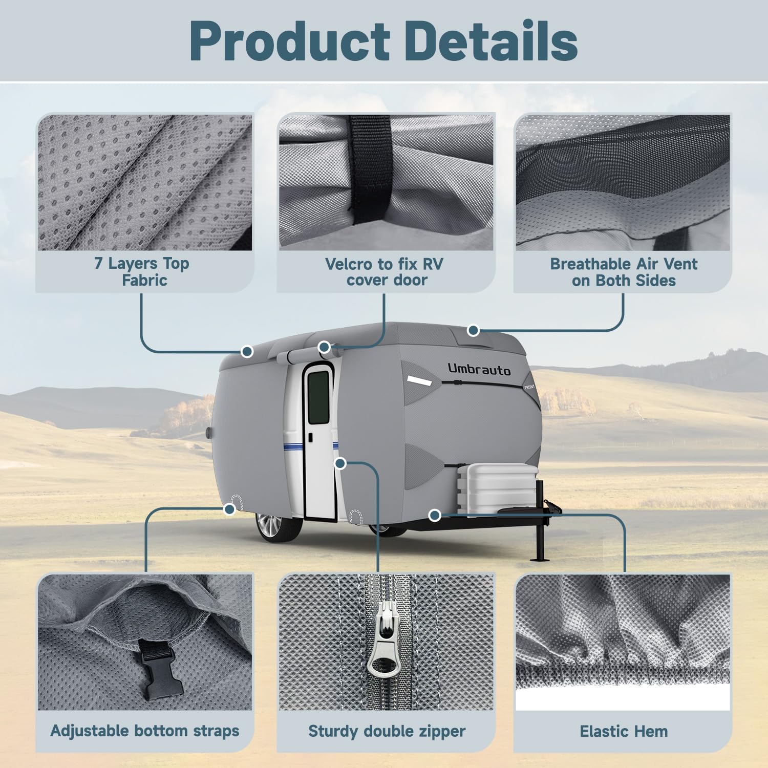 2023 Upgraded 7-Layer Fiberglass Travel Trailer Cover for 8'-10' Trailers - Windproof Strap & Adhesive Repair Patches Included | Perfect for RV, Camper, and Outdoor Travel Protection