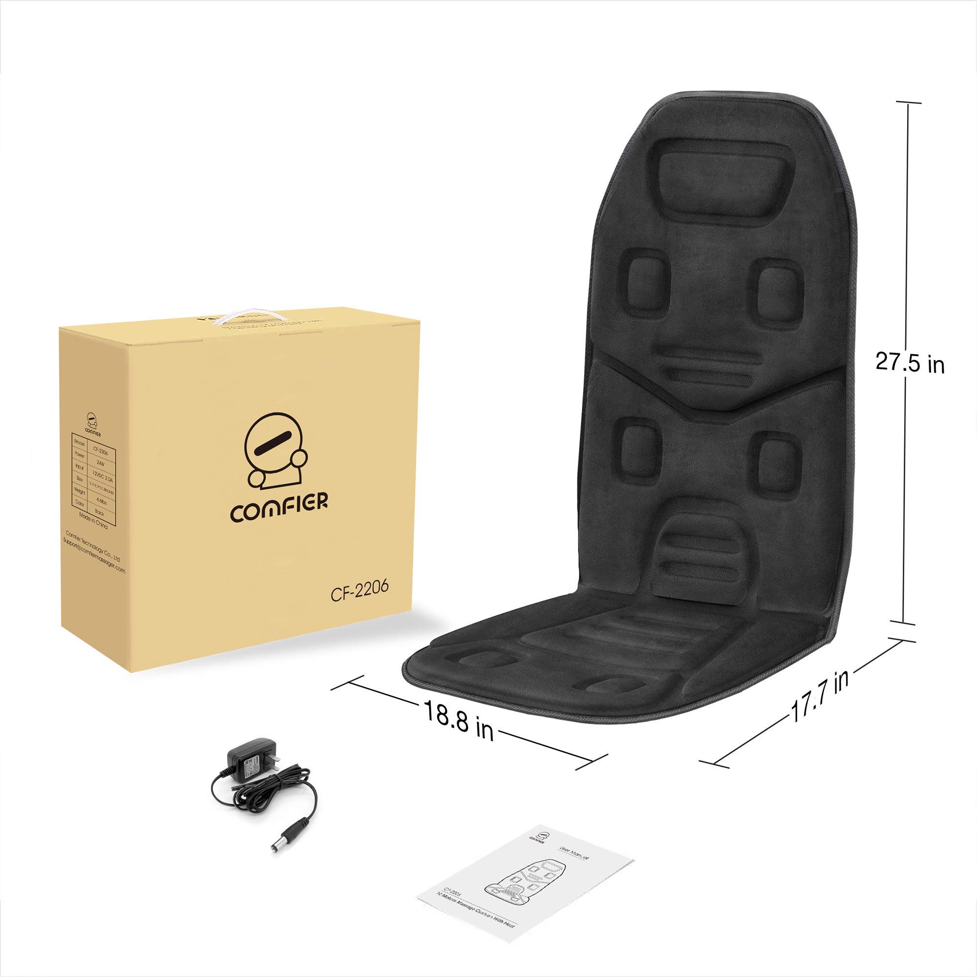 COMFIER Heated Massage Seat Cushion with 10 Vibration Motors - Electric Seat Warmer & Back Massager for Office Chair, Car, Home - Perfect Gift for Men & Women (Black) - Relieve Back Pain & Stress While Working or Relaxing