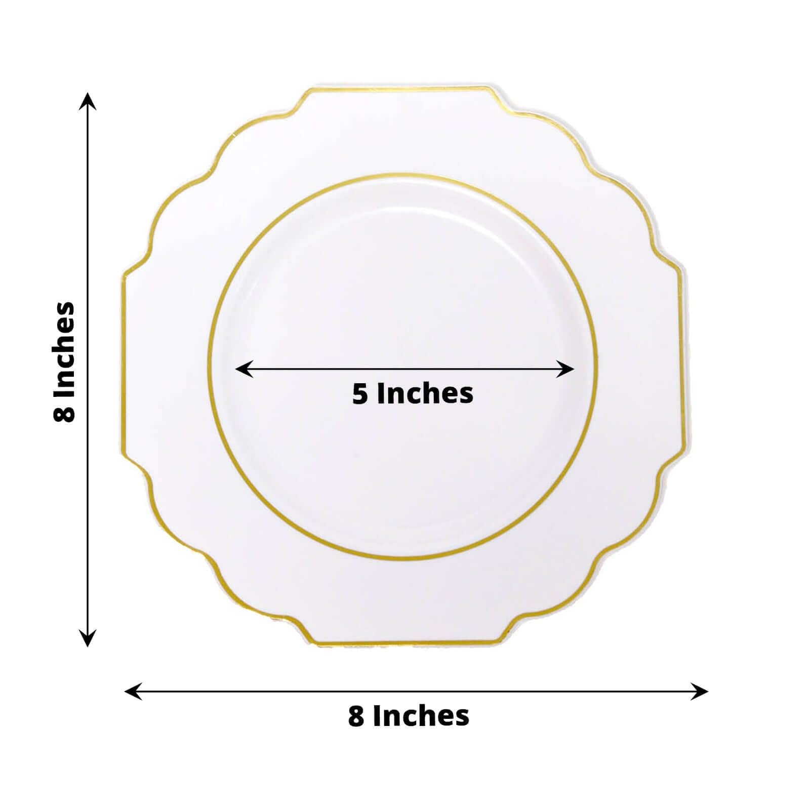 Efavormart 10 Pack 8 Inch White Plastic Dessert Plates - Disposable Gold Rim Baroque Style Salad Plates for Parties, Weddings & Elegant Events