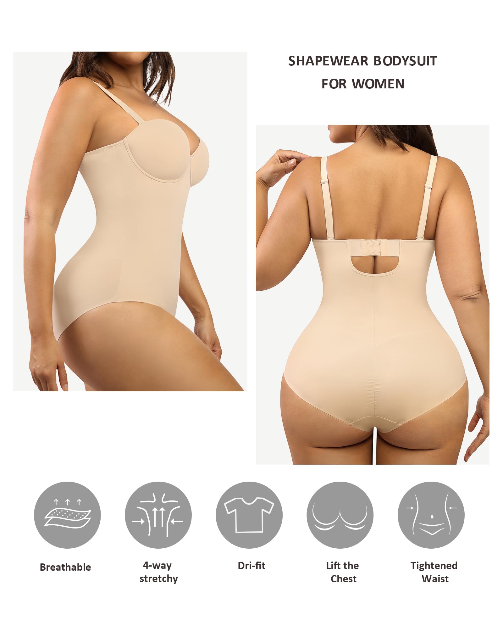 FeelinGirl Women's Tummy Control Shapewear Bodysuit - Seamless Slimming Body Shaper with Removable Straps & Built-in Cups | Perfect for Everyday Wear, Special Occasions & Postpartum Recovery