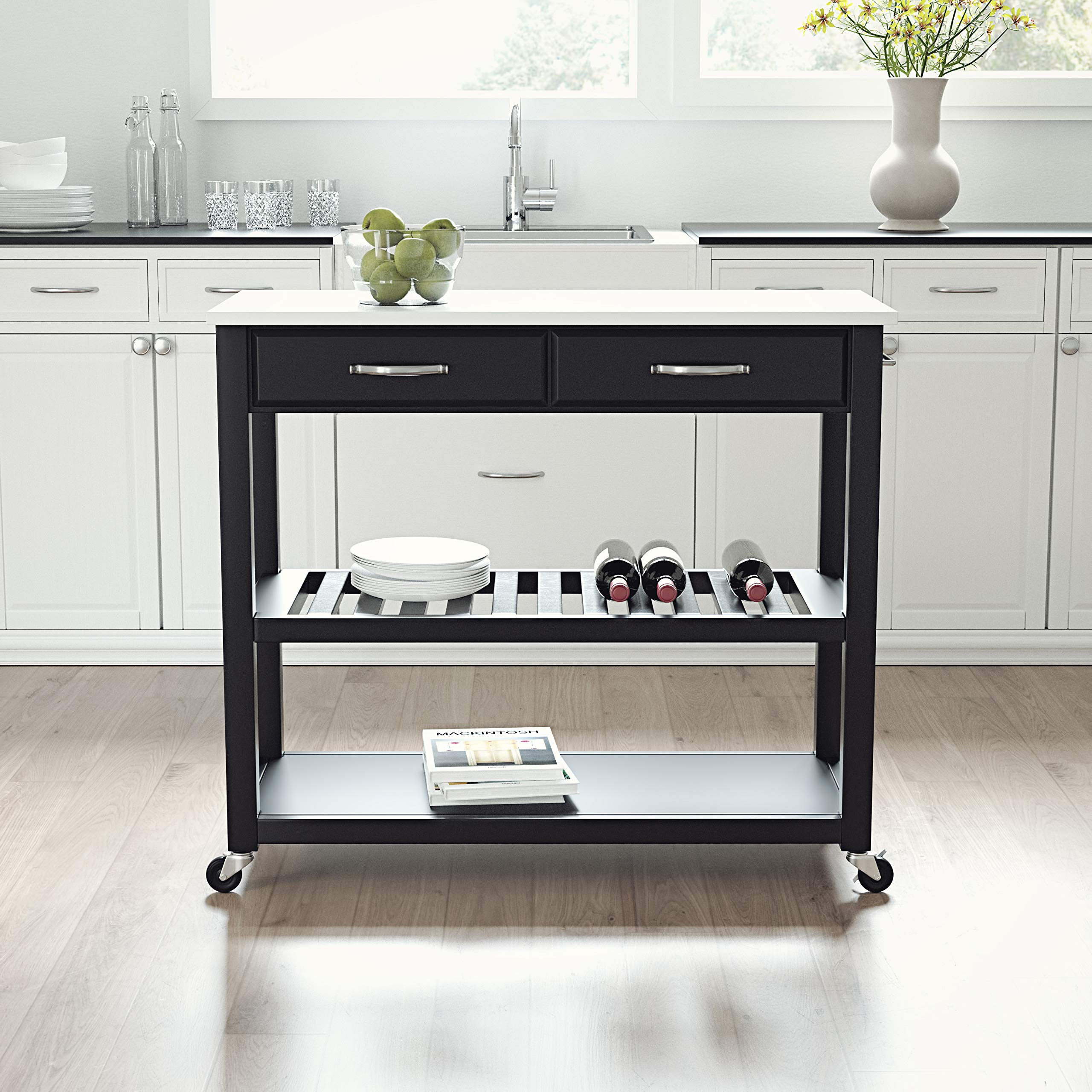 Crosley Black Stone Top Kitchen Prep Rolling Cart with Shelves - Microwave Stand, Coffee Bar, Mobile Kitchen Island for Small Spaces, Perfect for Apartments & Dorm Rooms