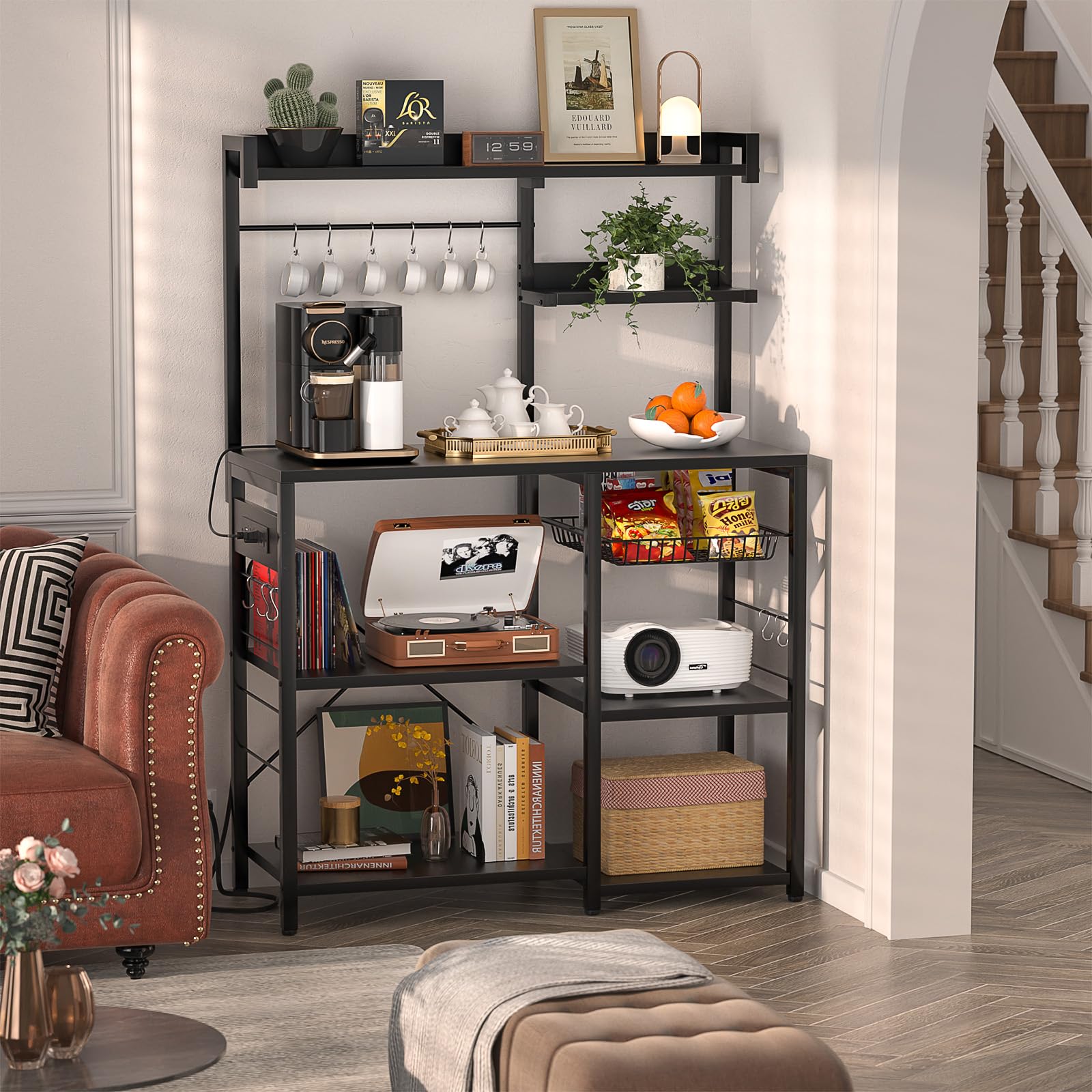 Aheaplus Bakers Rack with Power Outlet & LED Lights - Kitchen Storage Shelf with Wire Basket, Microwave Stand, Coffee Bar Station - Includes 10 Hooks for Spices, Pots & Pans - Perfect for Small Kitchens, Apartments & Coffee Stations (Black)