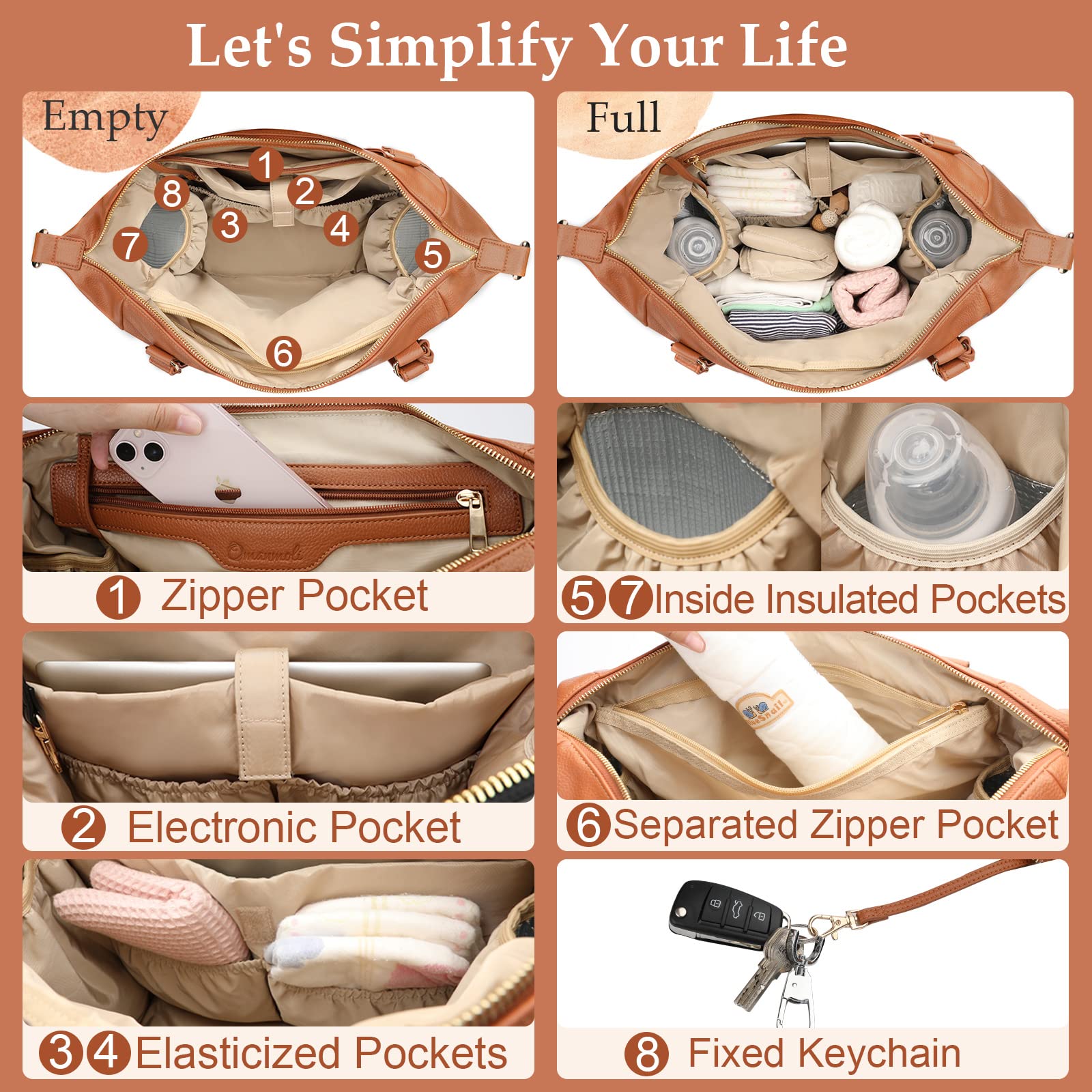 Premium Leather Diaper Bag Backpack - Large Tote with 14 Organizing Pouches, Changing Pad, Crossbody Straps & 4 Insulated Pockets (Brown) - Perfect for Baby Essentials, Travel & On-the-Go Parents