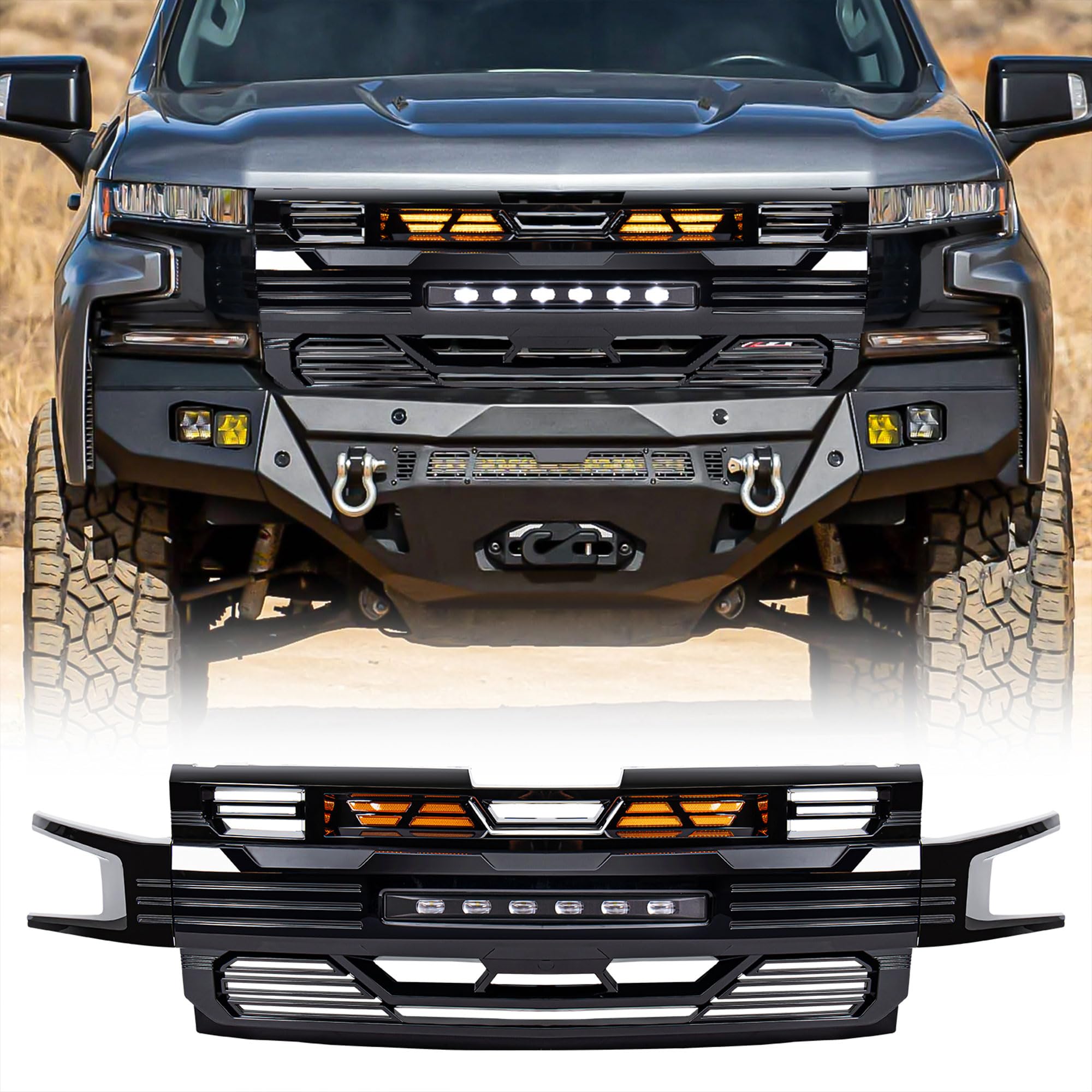 19-21 Chevy Silverado 1500 LED Armor Grille with Off-Road Lights - Glossy Black | Durable Front Bumper Protection for Off-Roading & Night Driving