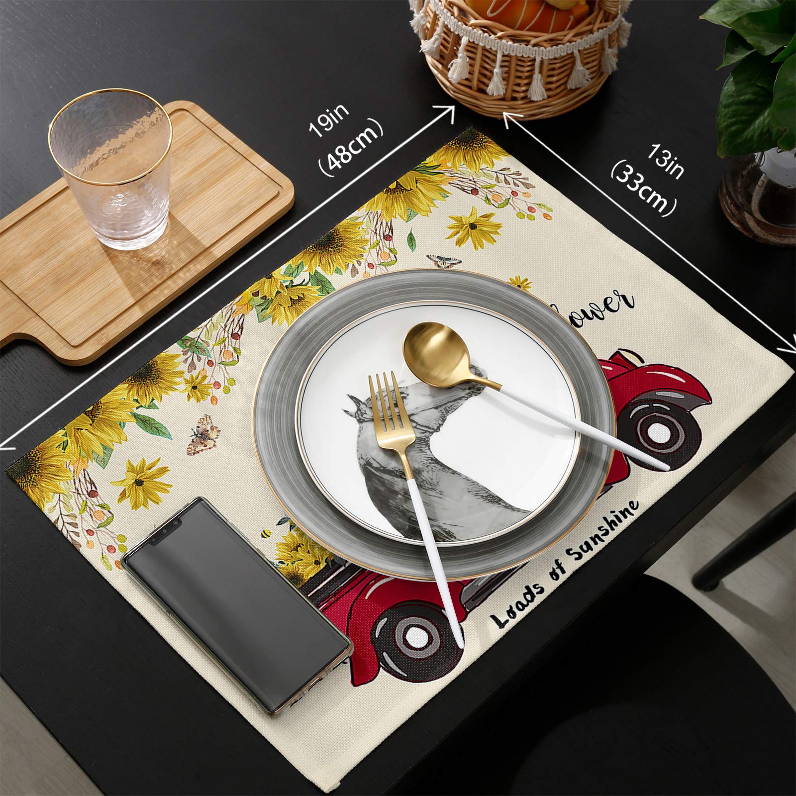 Harvest Farm Red Truck Full of Blooming Sunflowers Placemats - Set of 4 Washable Stain Resistant Cotton Linen Woven Dining Table Mats (12