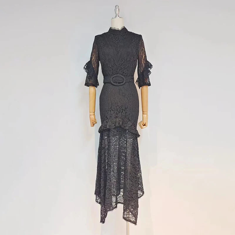 Elegant Black Lace Panel Sashes Slim Long Dress for Women - Turtleneck Half Sleeve High Waist Maxi Dress | Perfect for Autumn Weddings, Parties & Formal Occasions