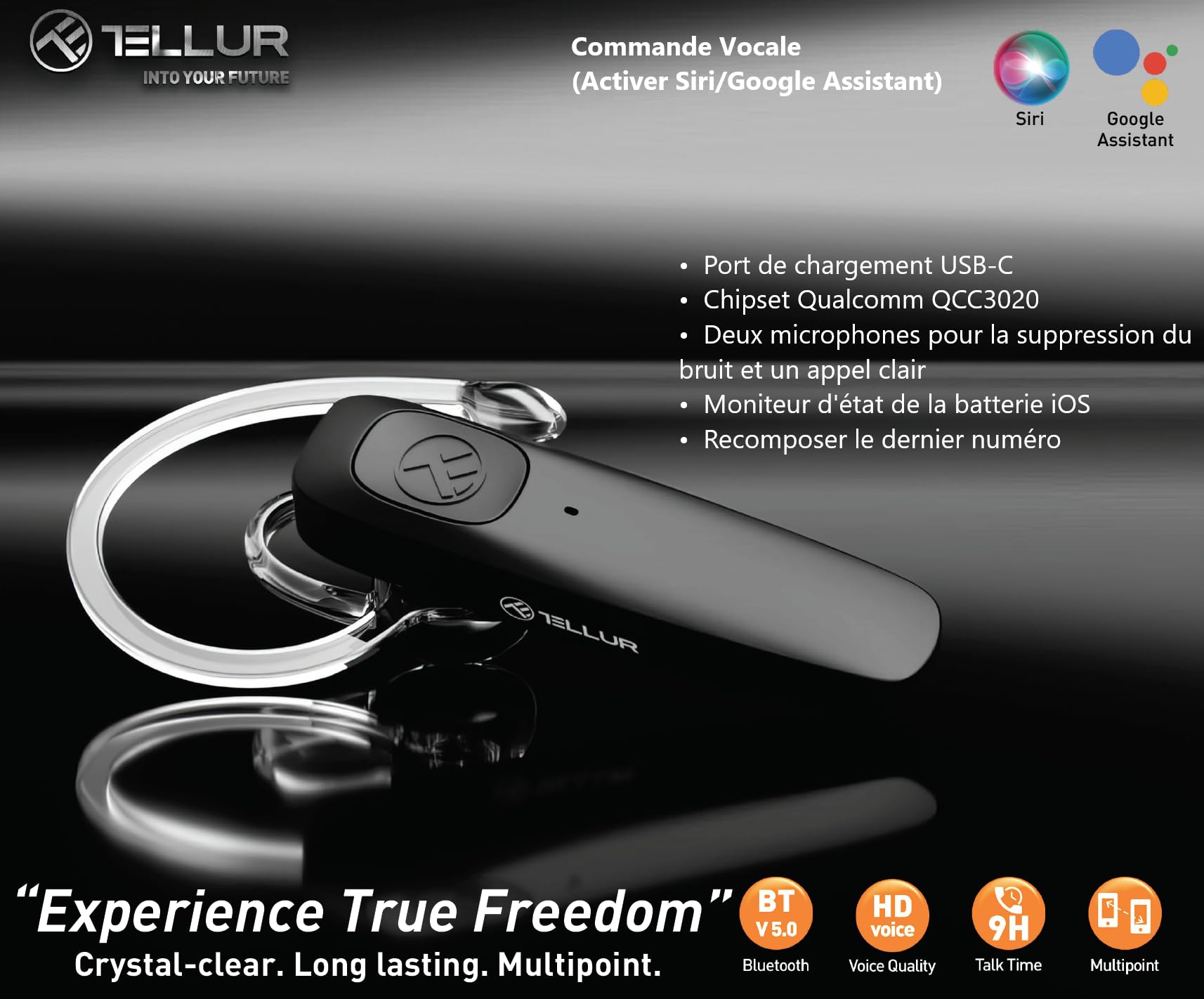 TELLUR VOX 155 Wireless Bluetooth Headset Mono - Hands-Free Headset with USB-C Charging, Multipoint Connectivity, HD Voice & Dual Noise Cancelling Mics, 360° Rotatable Hook - Perfect for Office Calls, Driving, and Remote Work