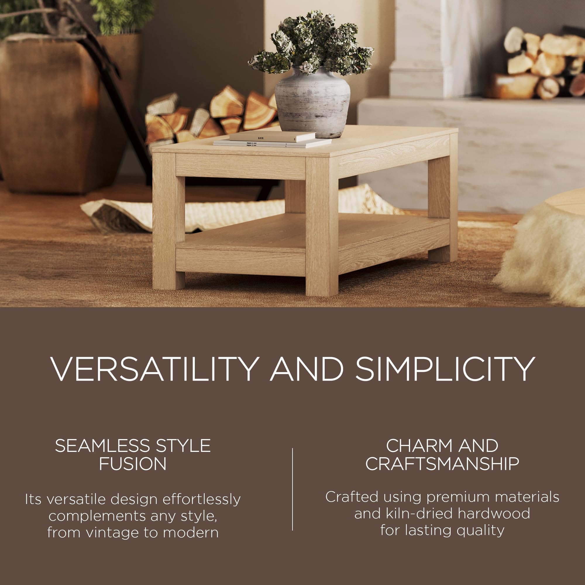 Rustic Rectangle Wooden Coffee Table with Shelf Storage - 2-Tier Maven Lane Paulo Large Center Table in Weathered White Finish for Living Room, Farmhouse & Modern Home Decor