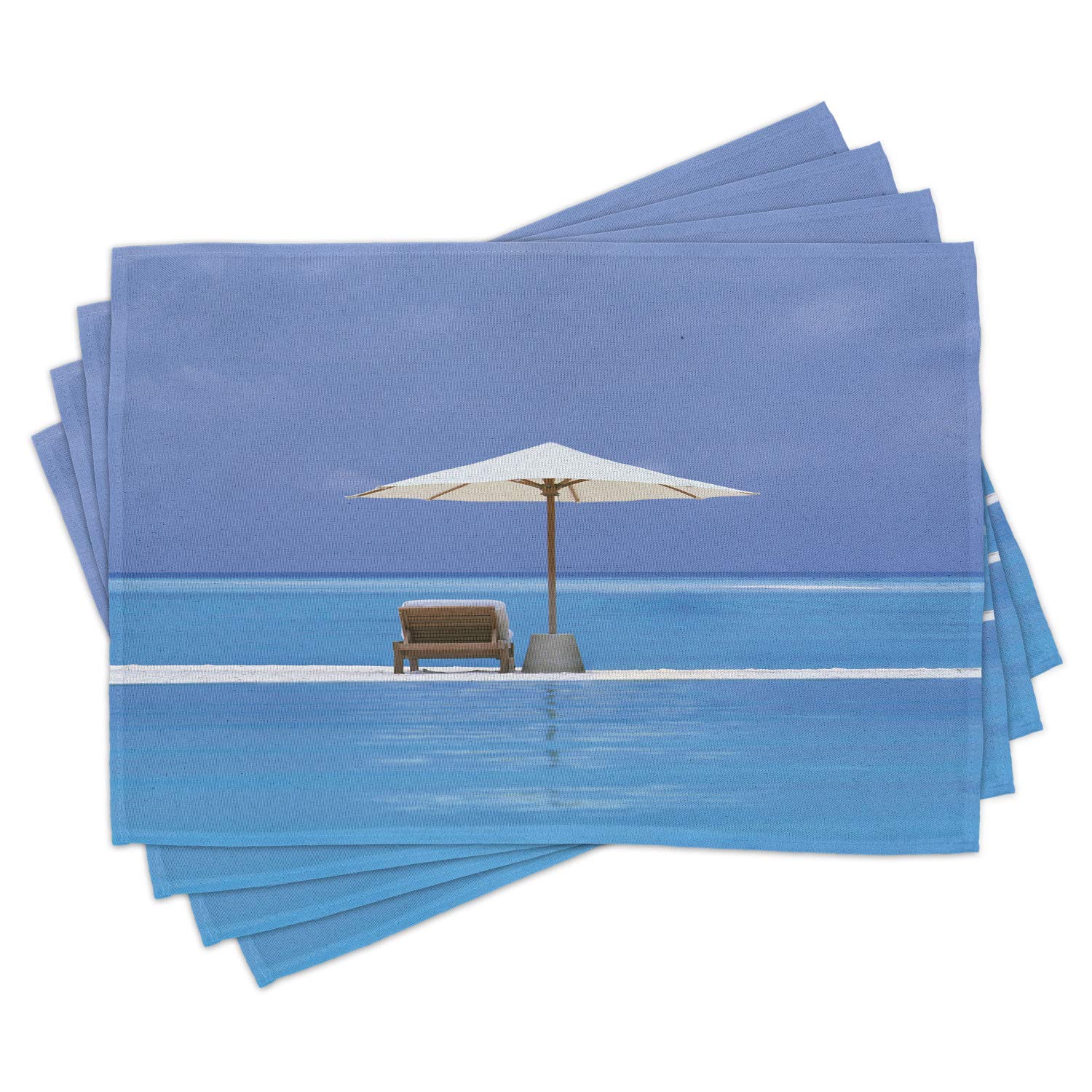 Ambesonne 4-Piece Seaside Placemats Set - Ocean Seascape with Beach Chairs & Umbrella Design - Washable Fabric Table Mats for Dining Room & Kitchen Decor in Blue & Beige - Perfect for Beach-Themed Parties, Summer Dining, and Coastal Home Decor