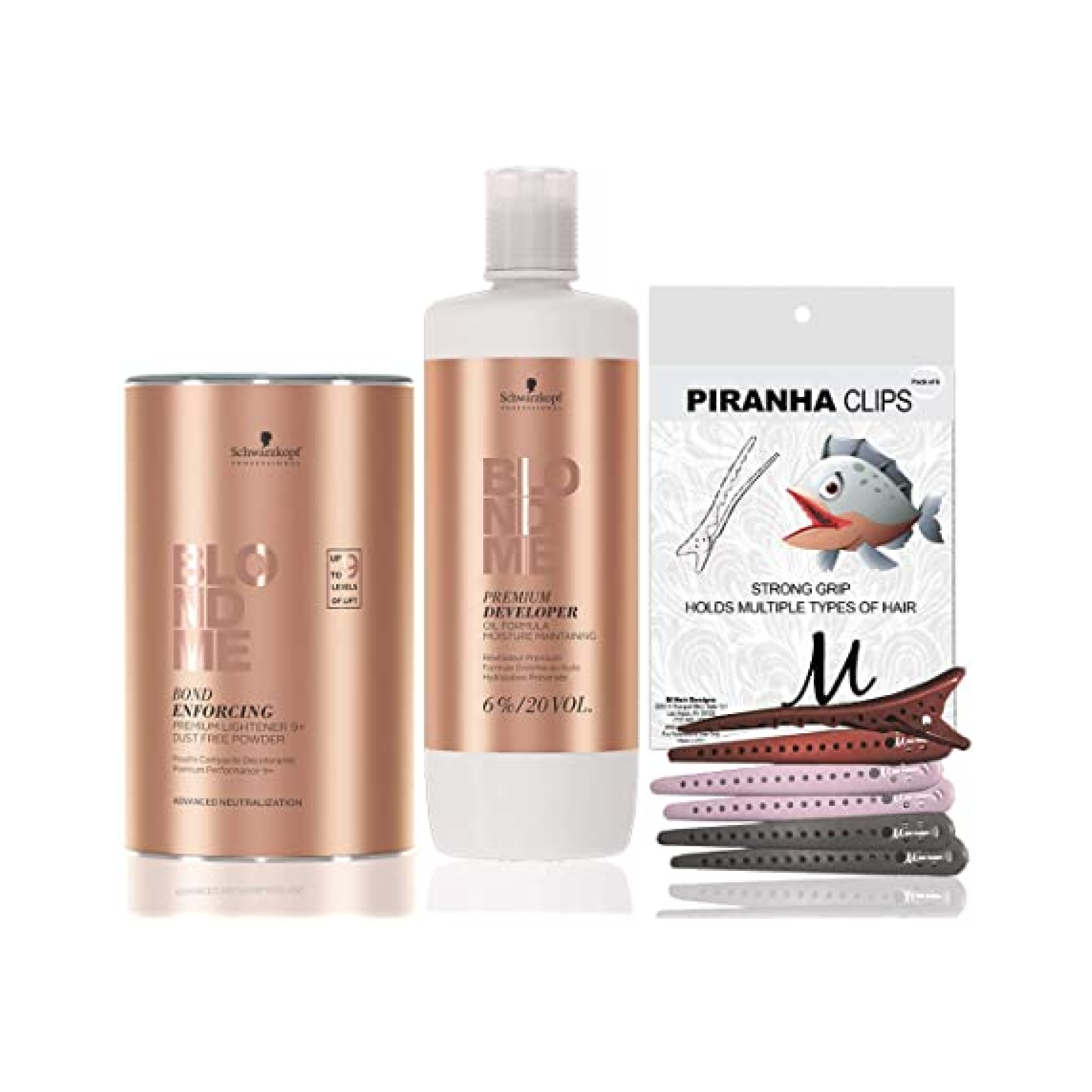 Schwarzkopf BlondMe Clay Lightener 7+ with Bond Enforcing Technology - White Dust Reduced Hair Bleaching Powder 350g + 6% Developer 1L + M Hair Designs Piranha Clips (3-Piece Bundle) - Professional Salon-Grade Hair Lightening Kit for Blonde Highlights & Balayage