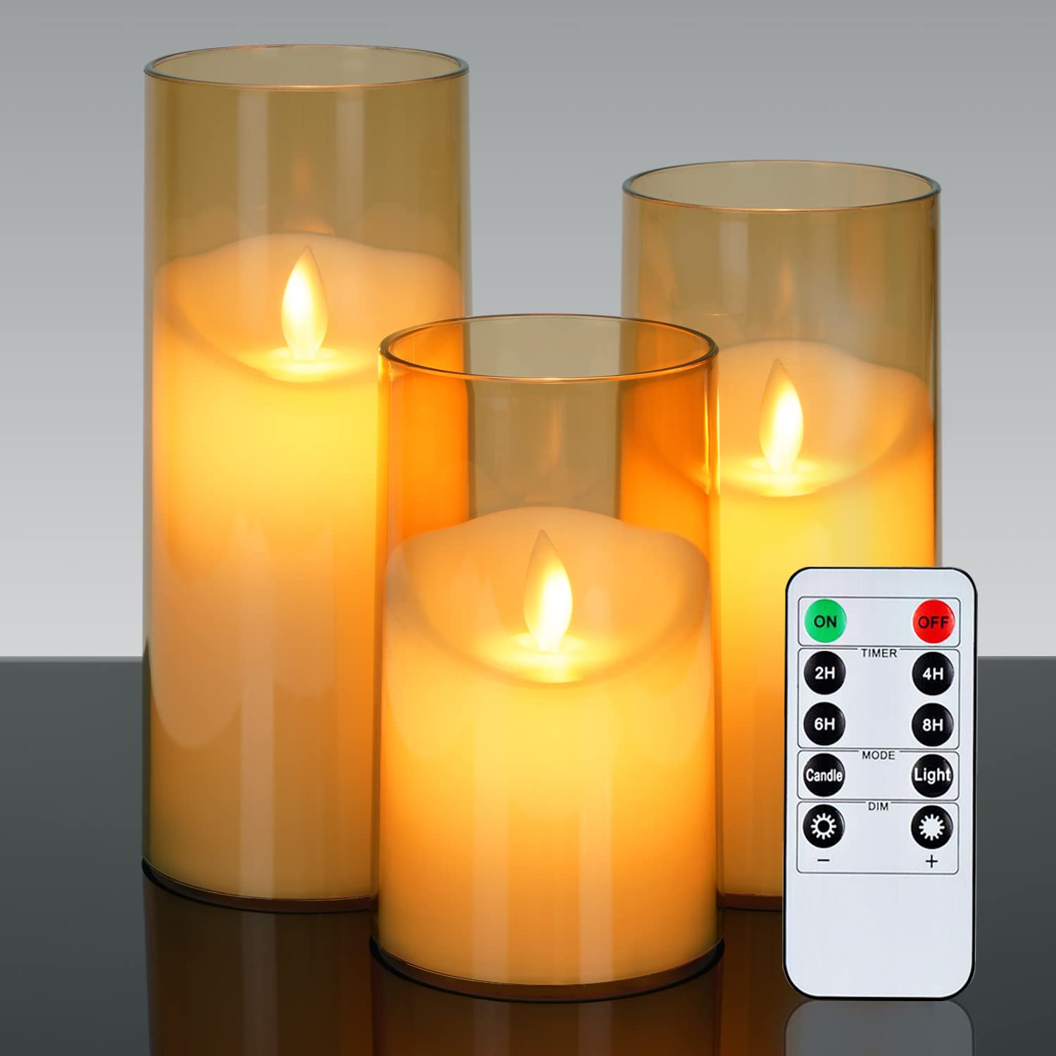 Raycare Realistic Flameless LED Candles - Battery Operated Acrylic Pillar Candles with Remote Control & Timer, Set of 3 (Gold) - Perfect for Home Decor, Weddings, and Romantic Ambiance