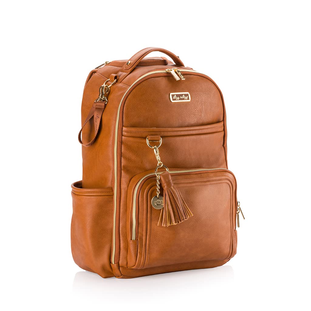 Itzy Ritzy Boss Plus Baby Diaper Backpack – Large Capacity with 19 Pockets, Changing Pad & Stroller Clips | Comfortable Shoulder Straps in Cognac | Perfect for Moms, Dads & Caregivers on the Go