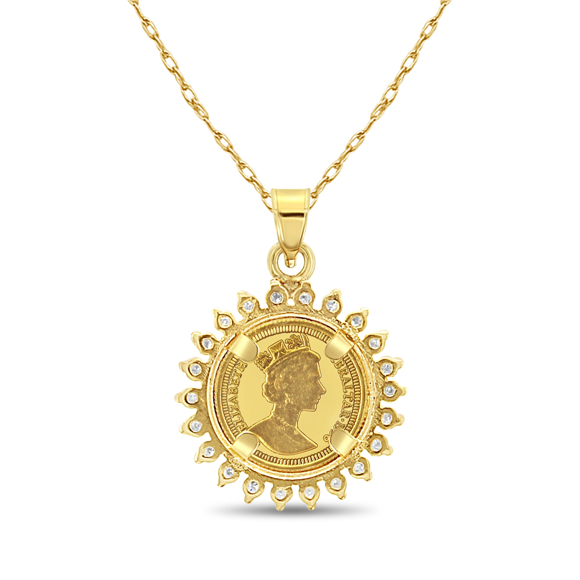 England Gibraltar Gold Coin Necklace with Diamond Halo - Vintage British Jewelry for Women, 18K Gold Pendant Necklace, Perfect Gift for Anniversary, Birthday & Special Occasions