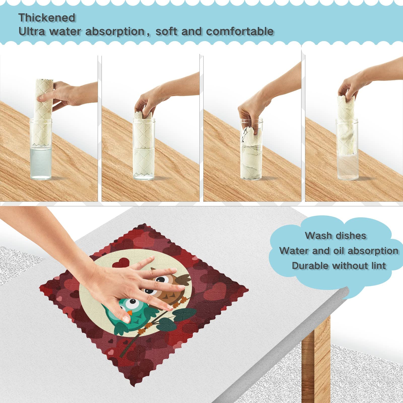 VIGTRO Owl Dish Towels 6 Pack - Super Absorbent, Fast Drying for Kitchen & Gifts