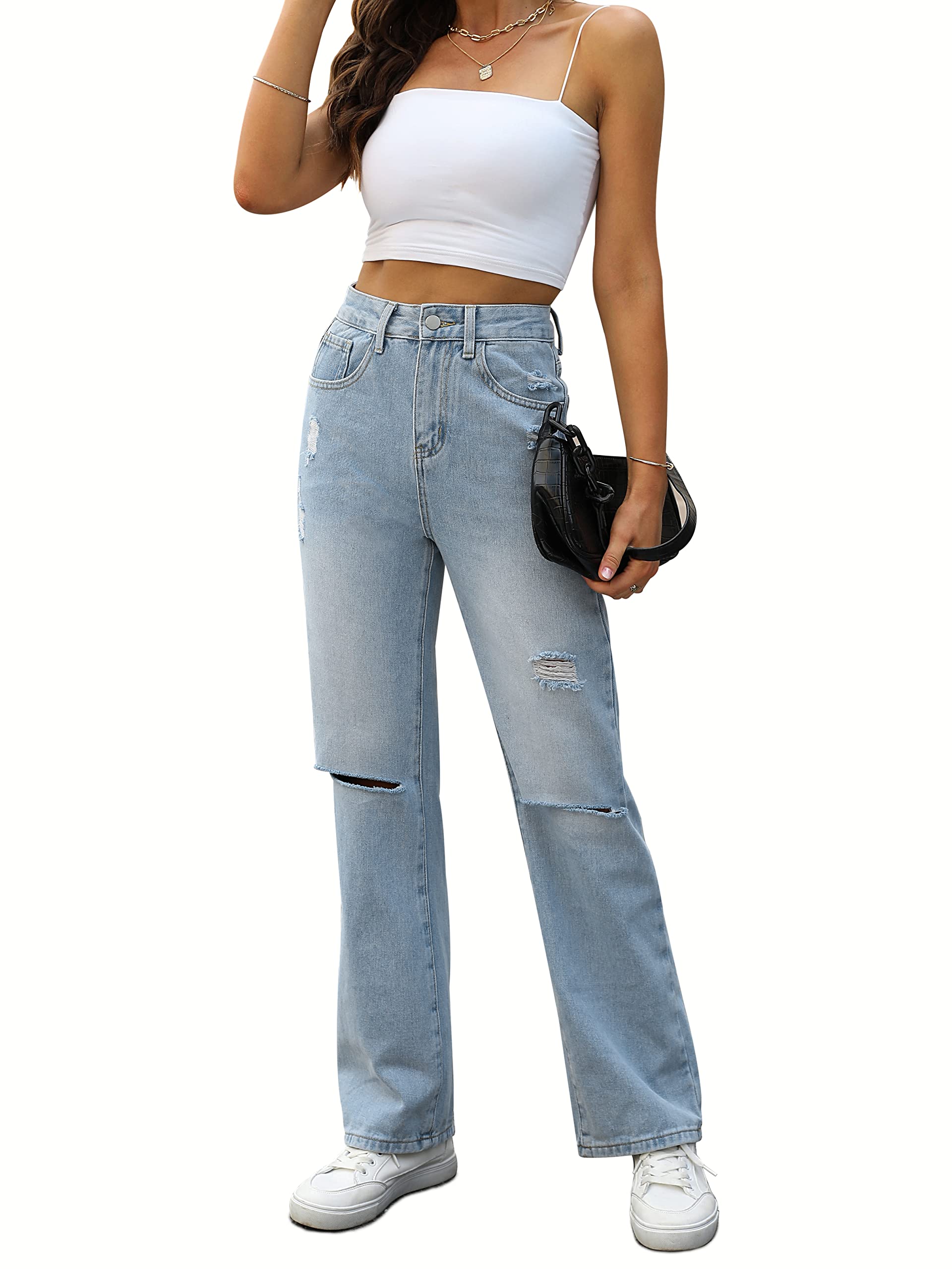 Genleck Women's Ripped Boyfriend Jeans - High Waist, Baggy Denim Pants with Loose Wide Leg & Straight Fit - Perfect for Casual Outings, Street Style & Everyday Wear