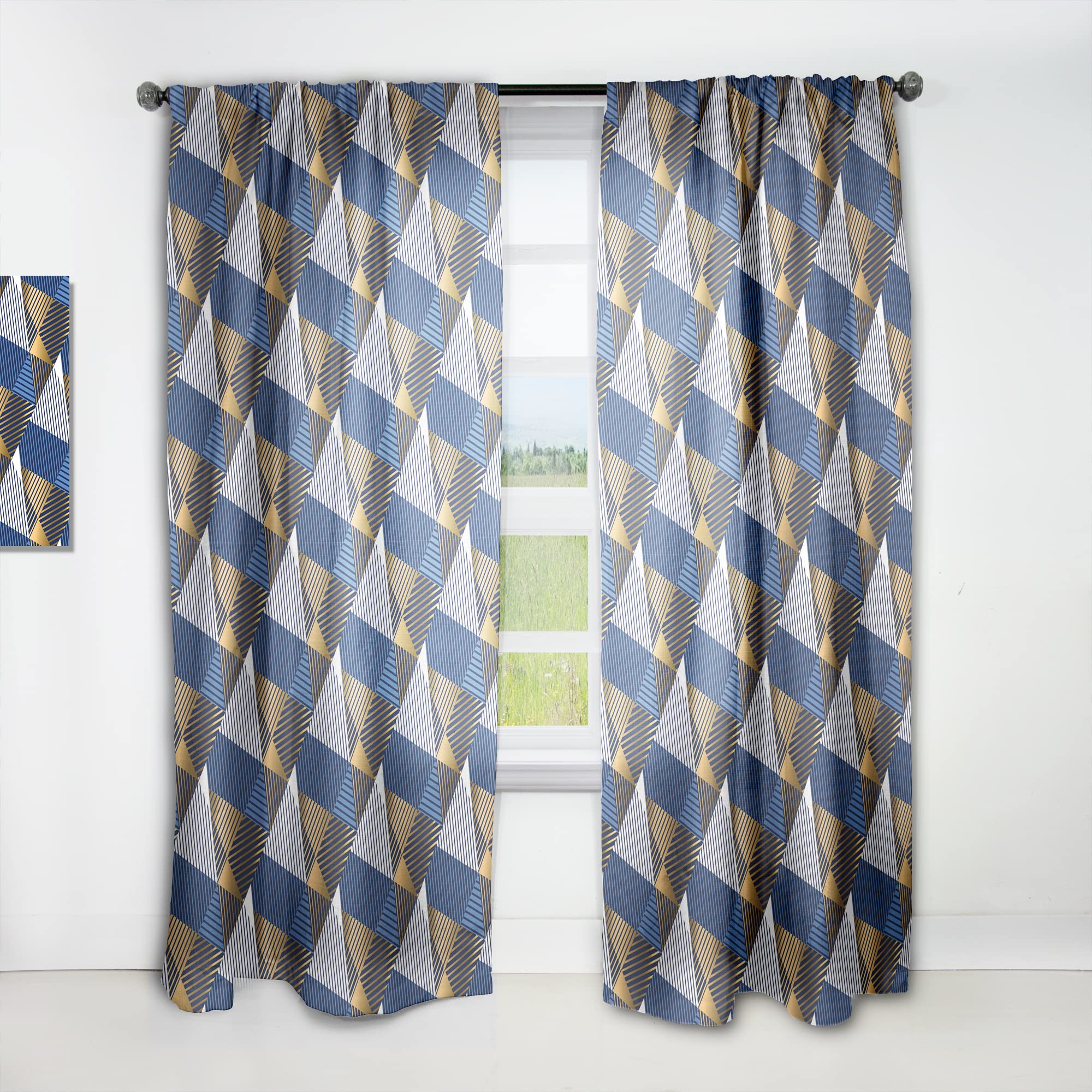 Retro Luxury Wave Pattern Thermal Insulated Curtains - Gold & Blue Single Panel (52x90 inches) for Bedroom & Living Room - Elegant Window Drapes for Home Decor & Light Blocking
