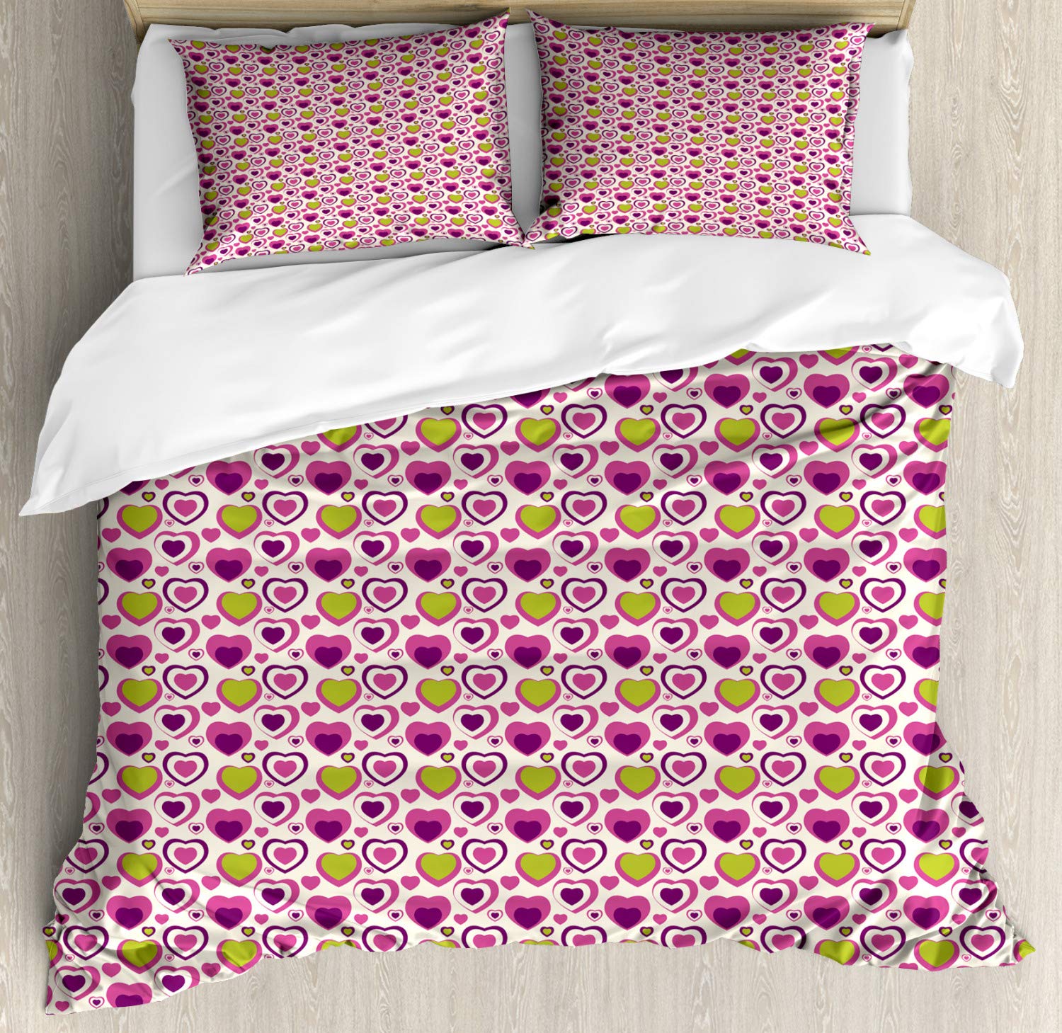 Ambesonne Hearts Duvet Cover Set - Pastel Tone Romantic Love Theme 3-Piece Bedding with 2 Pillow Shams, Queen Size Dark Magenta Purple - Perfect for Valentine's Day, Anniversary Gifts & Couples Bedroom Decor