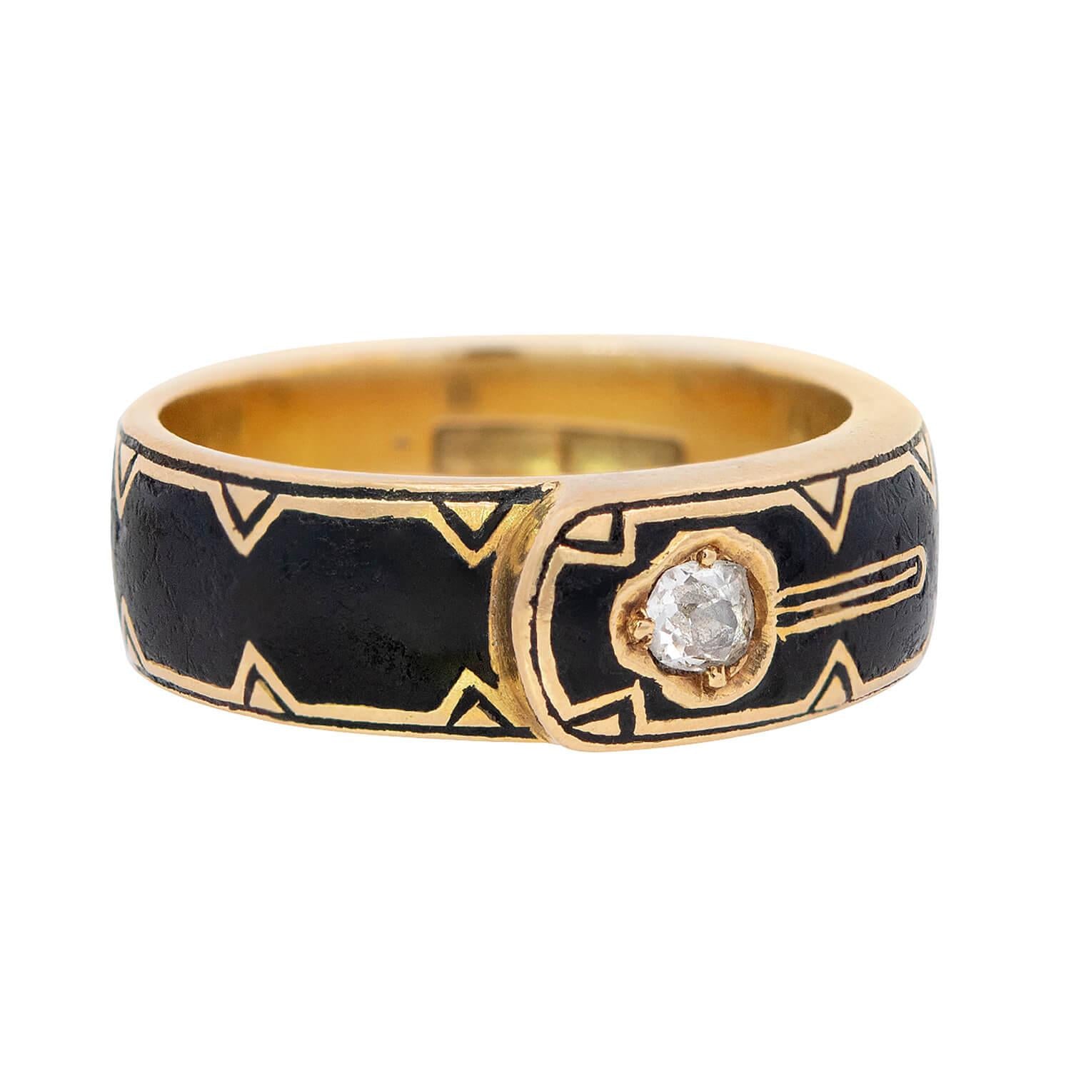 Victorian 14K Gold Diamond & Enamel Buckle Ring - Elegant Antique Jewelry for Women, Perfect for Weddings, Anniversaries & Special Occasions