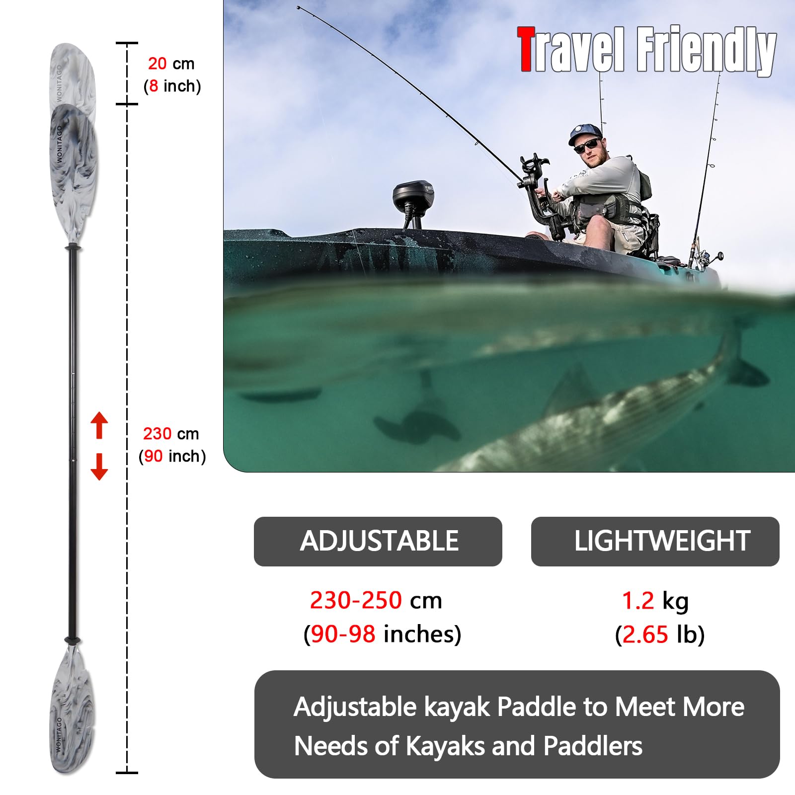 **Premium Aluminum Angler Kayak Paddles with Floating Plastic Blades & Adjustable Paddle Leash - 3-Piece Fishing Kayak Oars (230-250cm/90-98 inch) for Lakes, Rivers & Coastal Fishing Adventures**