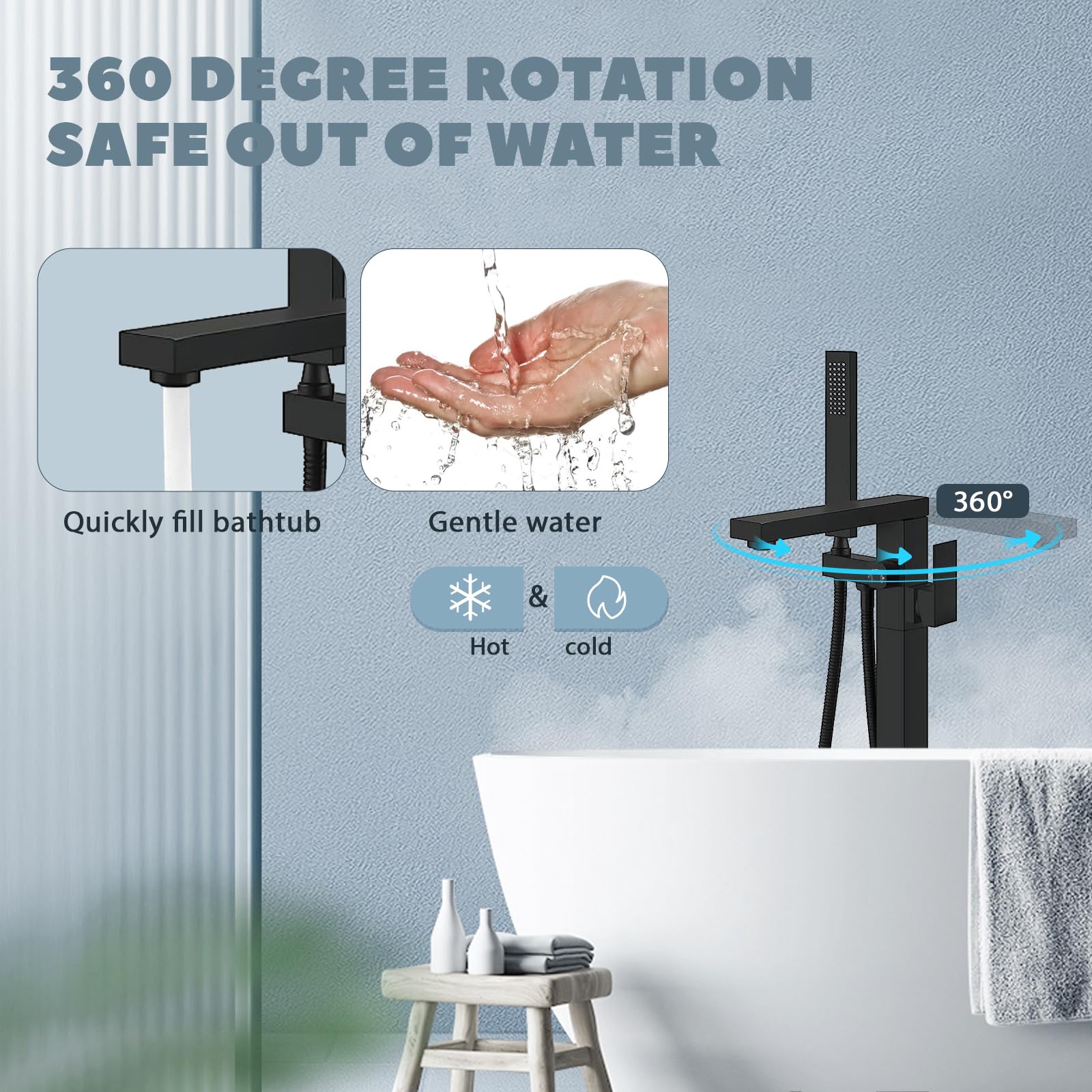 Matte Black Floor Standing Bathtub Faucet - High Flow Waterfall Freestanding Brass Tub Shower Faucet with Handheld Sprayer - Perfect for Modern Bathroom & Spa Relaxation
