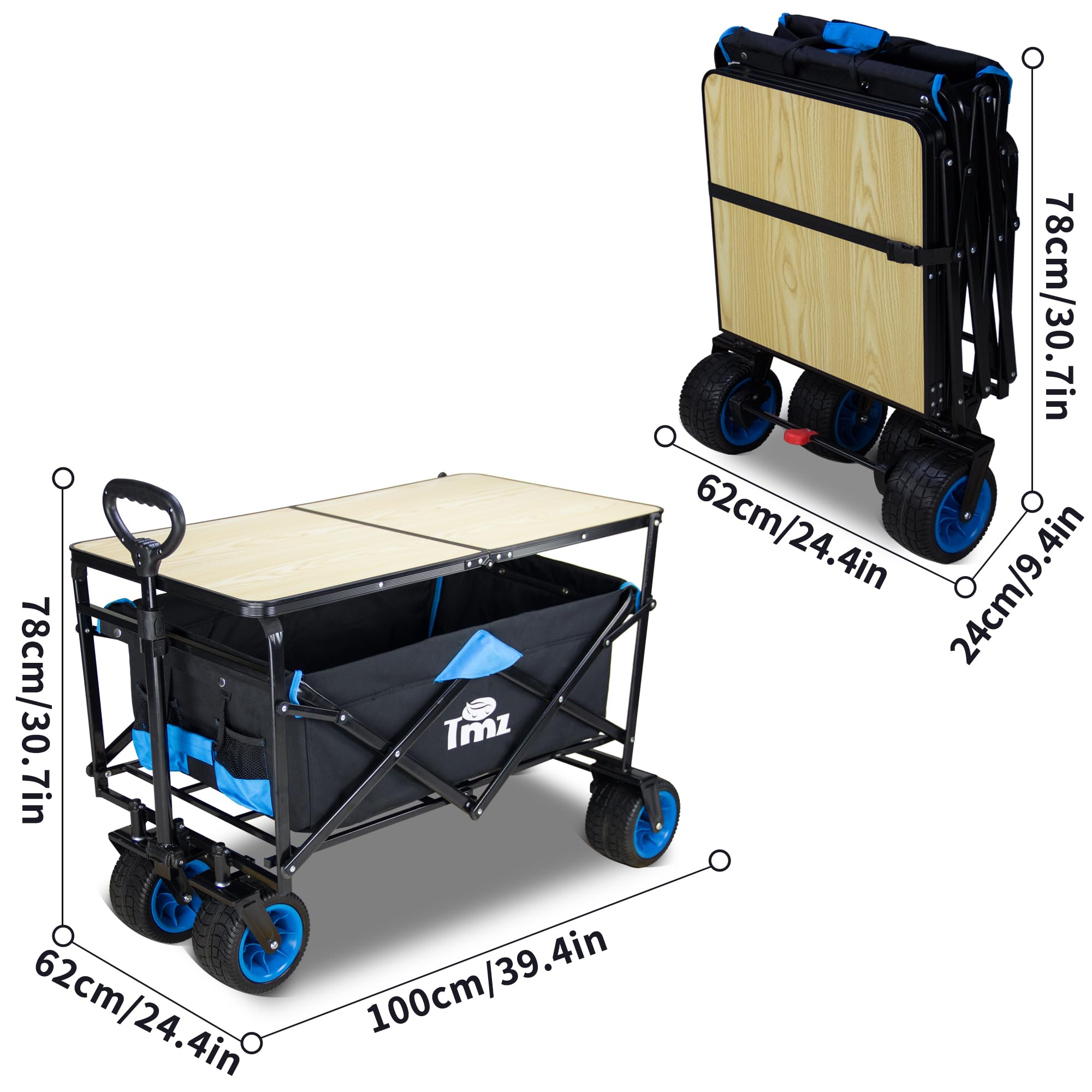 TMZ Heavy Duty All Terrain Utility Folding Wagon Cart with Removable Table - Collapsible Beach, Camping & Garden Wagon for Outdoor Activities, Shopping, Picnics & Tailgating (Blue)
