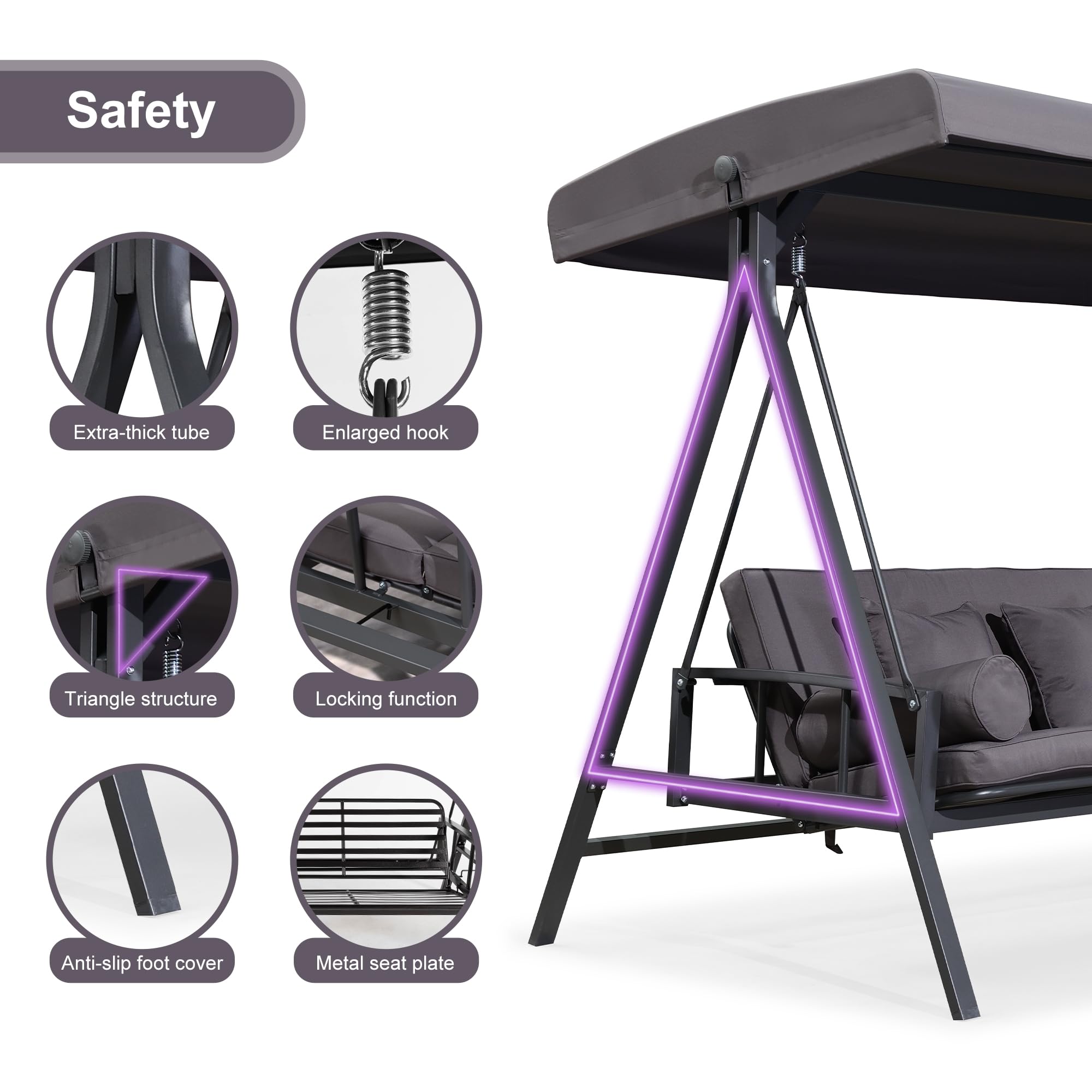 PURPLE LEAF 3-Seater Outdoor Patio Swing Chair with Adjustable Backrest - Weather-Resistant Steel Frame, Includes Cushion & Pillows (Grey) - Perfect for Backyard, Front Porch, Garden or Lawn Relaxation