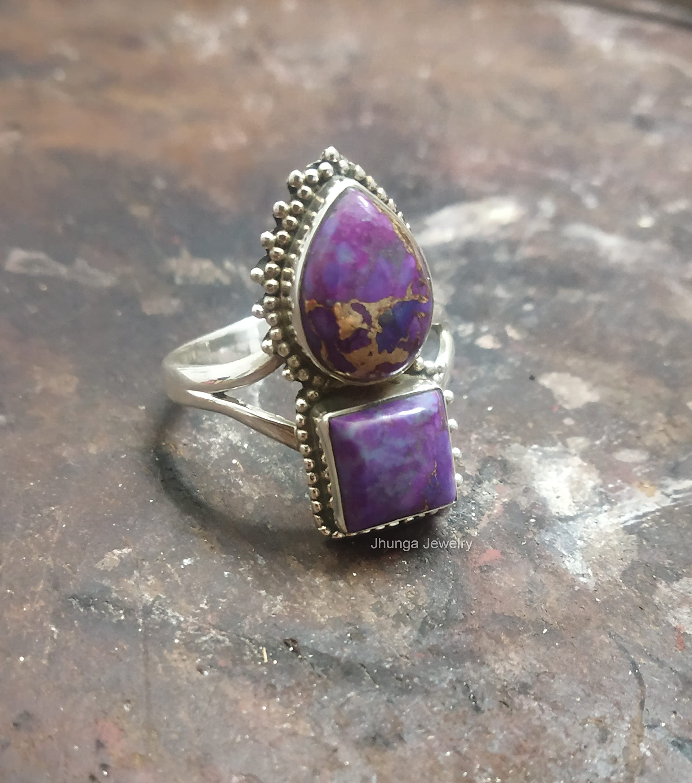 925 Sterling Silver Purple Copper Turquoise Ring - Handmade Boho Hippie Statement Ring with Healing Crystal - Vintage Style Antique Promise Ring for Women | Perfect for Boho Fashion, Spiritual Healing & Unique Gift Giving