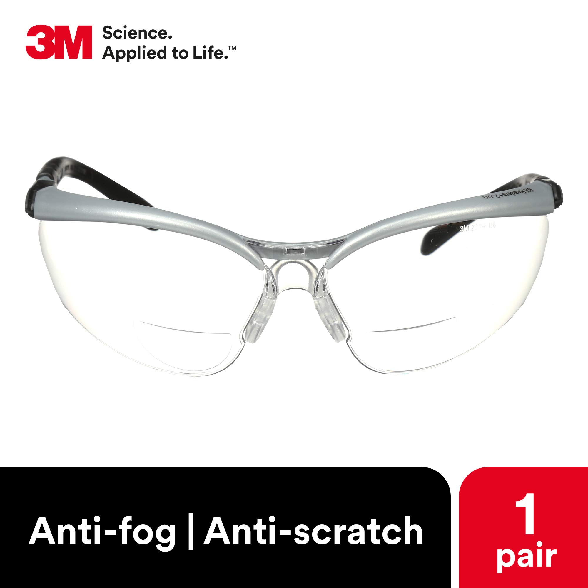 3M Safety Glasses with +2.0 Readers - ANSI Z87.1 Certified Anti-Fog & Scratch-Resistant Clear Lenses - Silver Frame with Adjustable Temples - Perfect for Woodworking, Construction & DIY Projects