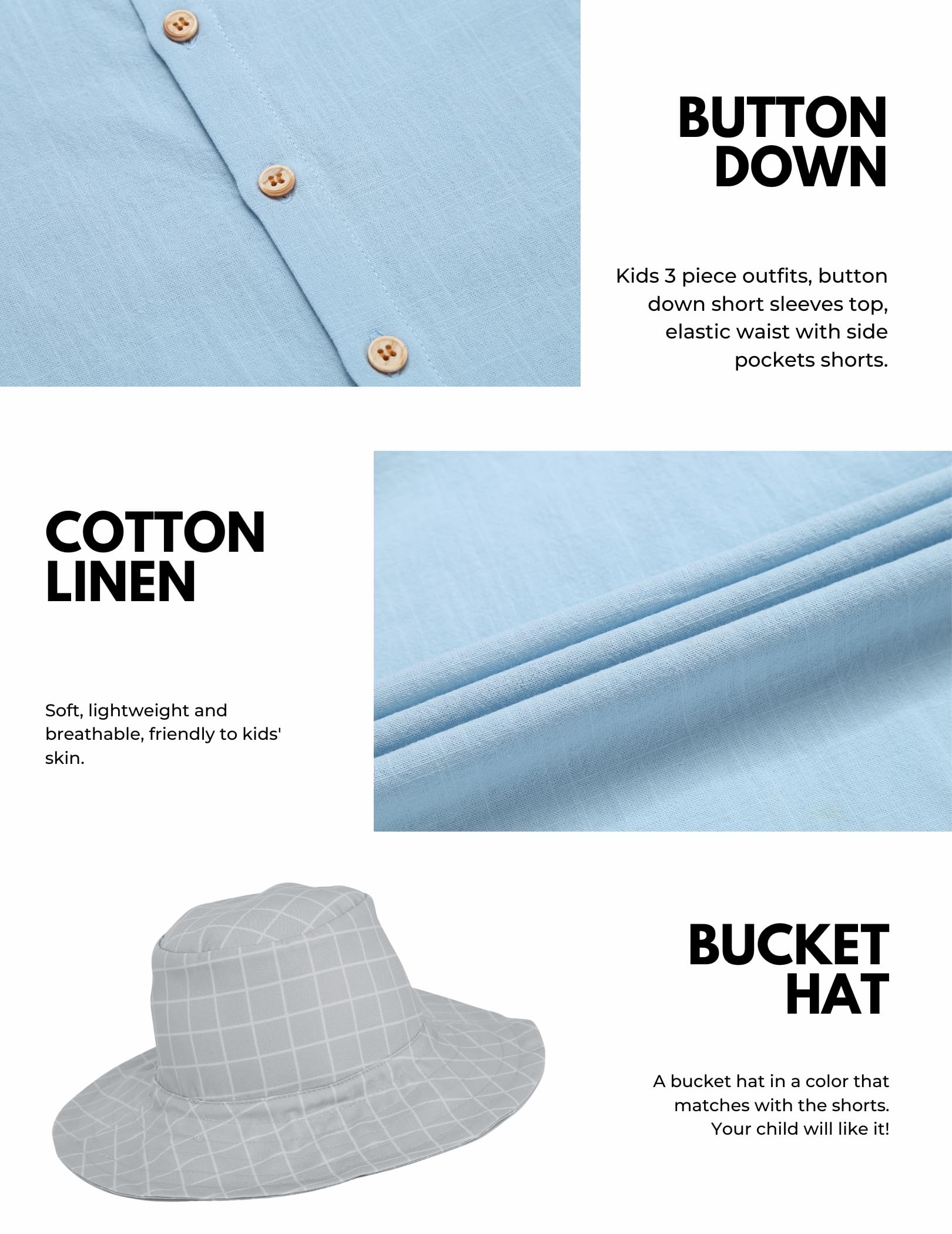 Arshiner Boys Cotton Linen Shorts Set - Button Down Shirt & Shorts with Bucket Hat | Summer Beach Hawaiian Outfit for Kids | Size 6-16 | Perfect for Vacation, Pool Party & Outdoor Adventures