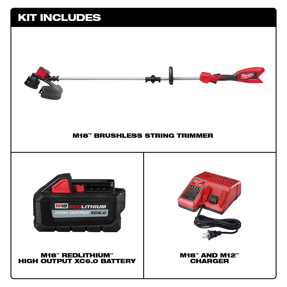 Milwaukee M18 18V Cordless Brushless String Trimmer Kit with 5.0Ah Battery & Charger (2828-21) - Perfect for Lawn Care, Yard Maintenance & Landscaping